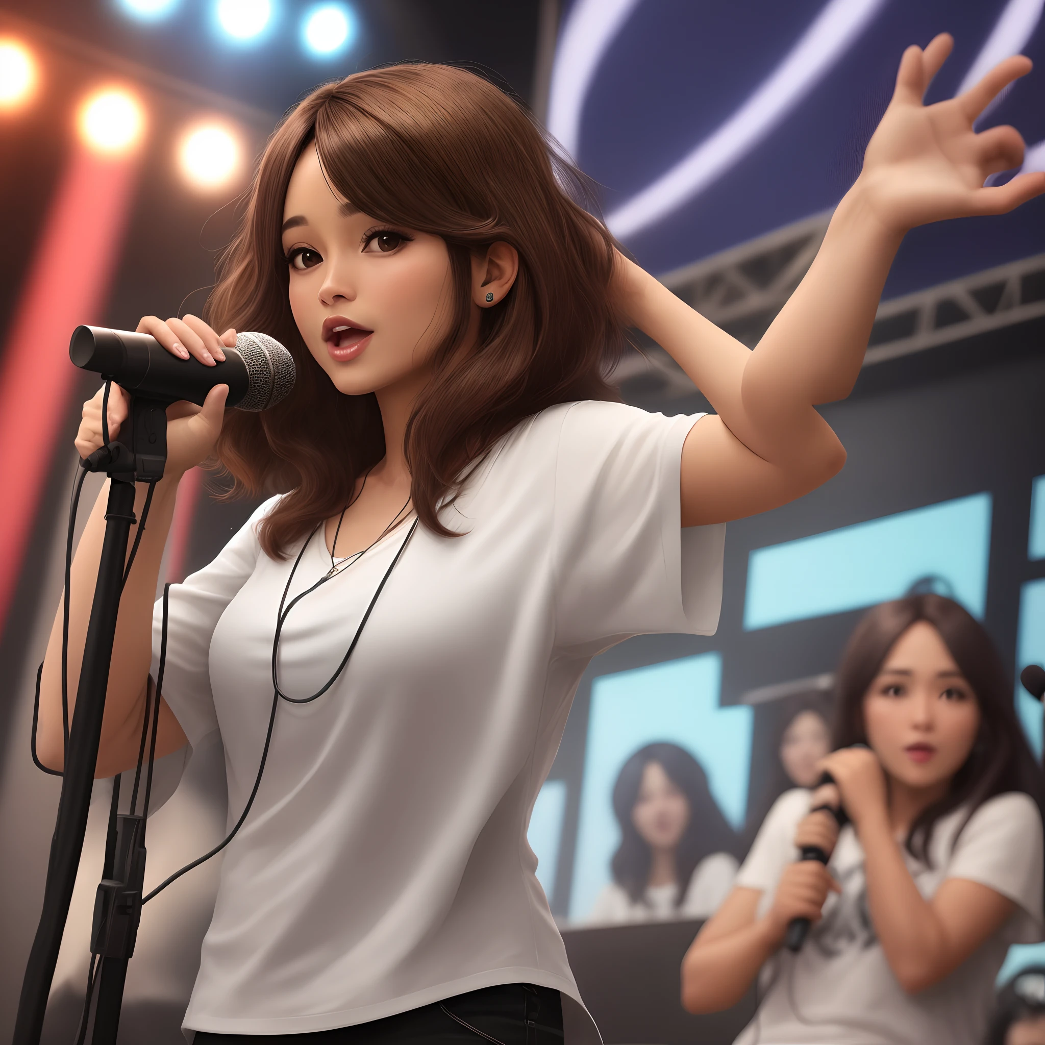 Morena cabelo comorido com franja, I'm 46 years old on the side with microphone in hand