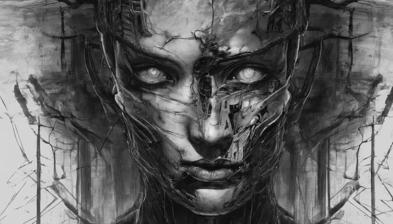 full body of a zombified cyborg mutant humanoid terrifying creature, Perfect centralization, coelho (franco)de Donnie, Standing position, beleza abstrata, Centrado, looking at the camera, Facing the camera, nearing perfection, triste, desespero, corpo inteiro, hands on her head, Dynamic, altamente detalhado, liso, foco nítido, 8k, high-definition resolution, illustration, arte de Carne Griffiths e Wadim Kashin, fundo branco