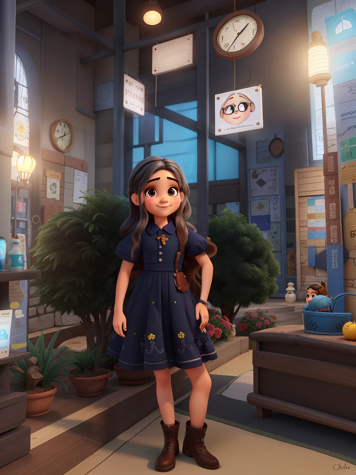 Uma menina bonita com cabelo cacheado curto com franja e castanho escuro, Olhos escuros em vestido preto acima do joelho e botas pretas sorrindo