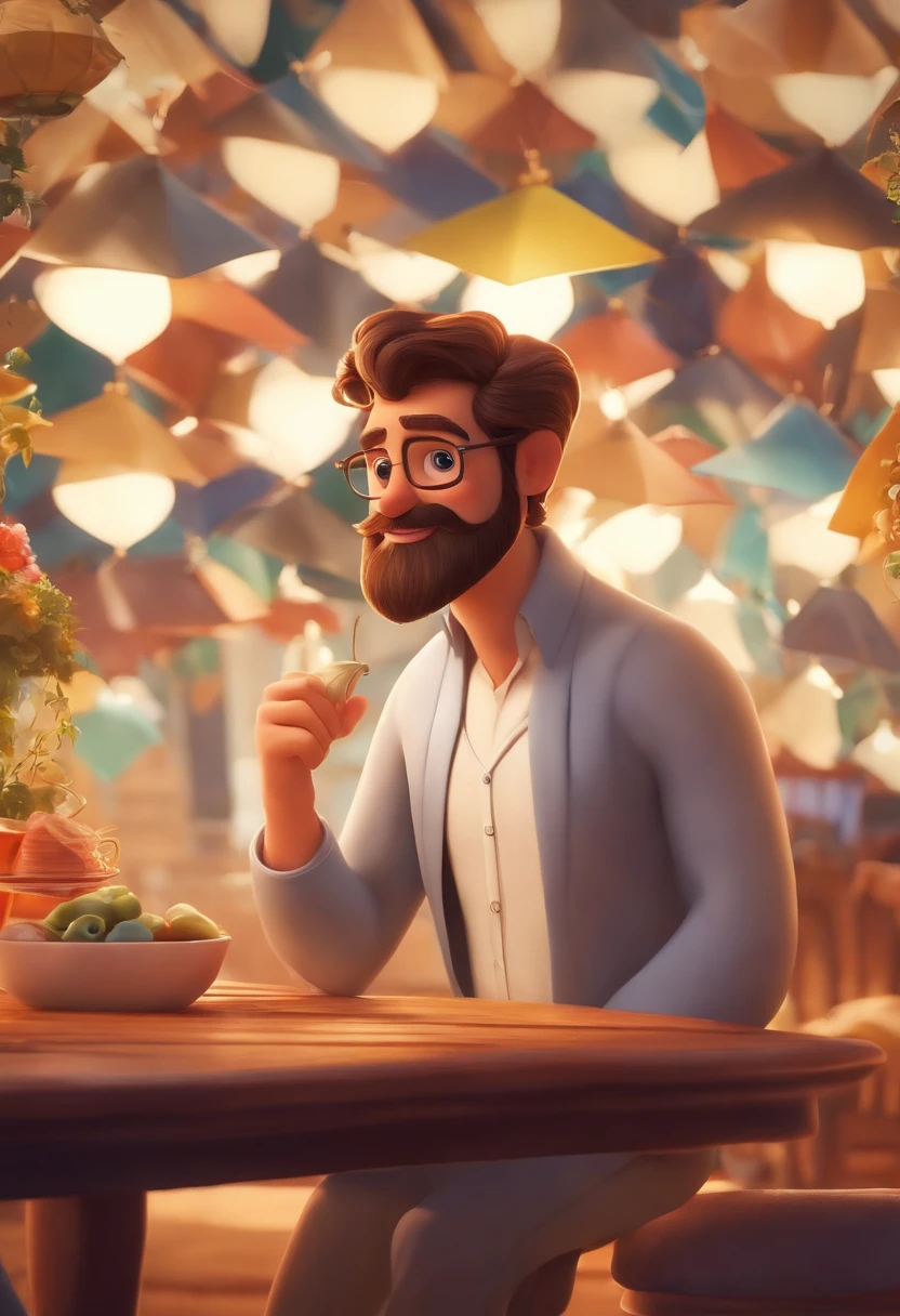 Um filme inspirado na Disney Pixar (HOMEM BRANCO 30 ANOS, cabelos castanhos curtos, Beard only on the chin) dentro A cena estar na arte distinta do estilo PIXAR, descolada e estilosa