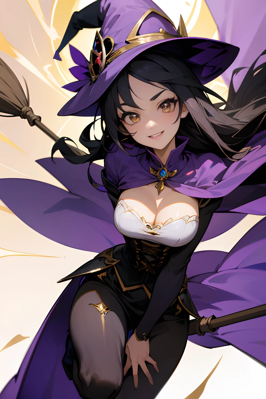 Looking for a high-quality masterpiece with Full HD 8K resolution in the 'Genshin Impact' style. The illustration must feature a beautiful flying witch riding a broom flying in the sky.
The witch is elegant and enigmatic, with long black hair that flutters as she rises through the air. Her golden eyes shine with a mischievous shine and a charming smile showing off her fangs and sharp teeth. Her face reflects determination and magical wisdom. Her body is slender and feminine, with an elegant posture.
She wears a luxurious purple outfit with white details, which includes a large witch hat with gold trim, a blouse, a corset that flatters her breasts, tight stockings, and elegant boots. Her long purple cape with gold accents flutters gracefully behind her. Her broom, her faithful companion, is made of dark wood with magical decorations.
The witch flies in a majestic pose, leaning slightly forward, exuding confidence and mastery. Her arms extend gracefully and her gaze focuses mischievously on the horizon.