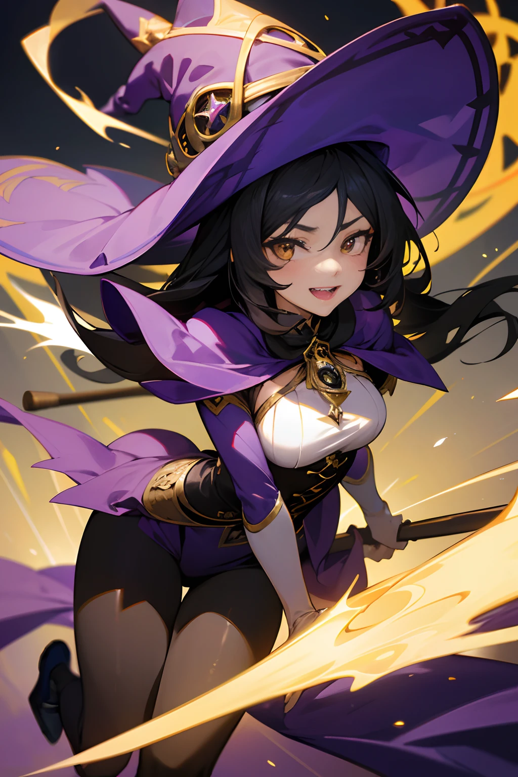 Looking for a high-quality masterpiece with Full HD 8K resolution in the 'Genshin Impact' style. The illustration must feature a beautiful witch flying on a broomstick.
The witch is elegant and enigmatic, with long black hair that flutters as she rises through the air. Her golden eyes shine with a mischievous shine and a charming smile showing off her fangs and sharp teeth. Her face reflects determination and magical wisdom. Her body is slender and feminine, with an elegant posture.
She wears a luxurious purple outfit with white details, which includes a large witch hat with gold trim, a blouse, a corset that flatters her breasts, tight stockings, and elegant boots. Her long purple cape with gold accents flutters gracefully behind her. The broom, her faithful companion, is made of dark wood with magical decorations.
The witch flies in a majestic pose, leaning slightly forward, exuding confidence and mastery. Her arms extend gracefully and her gaze focuses mischievously on the horizon.