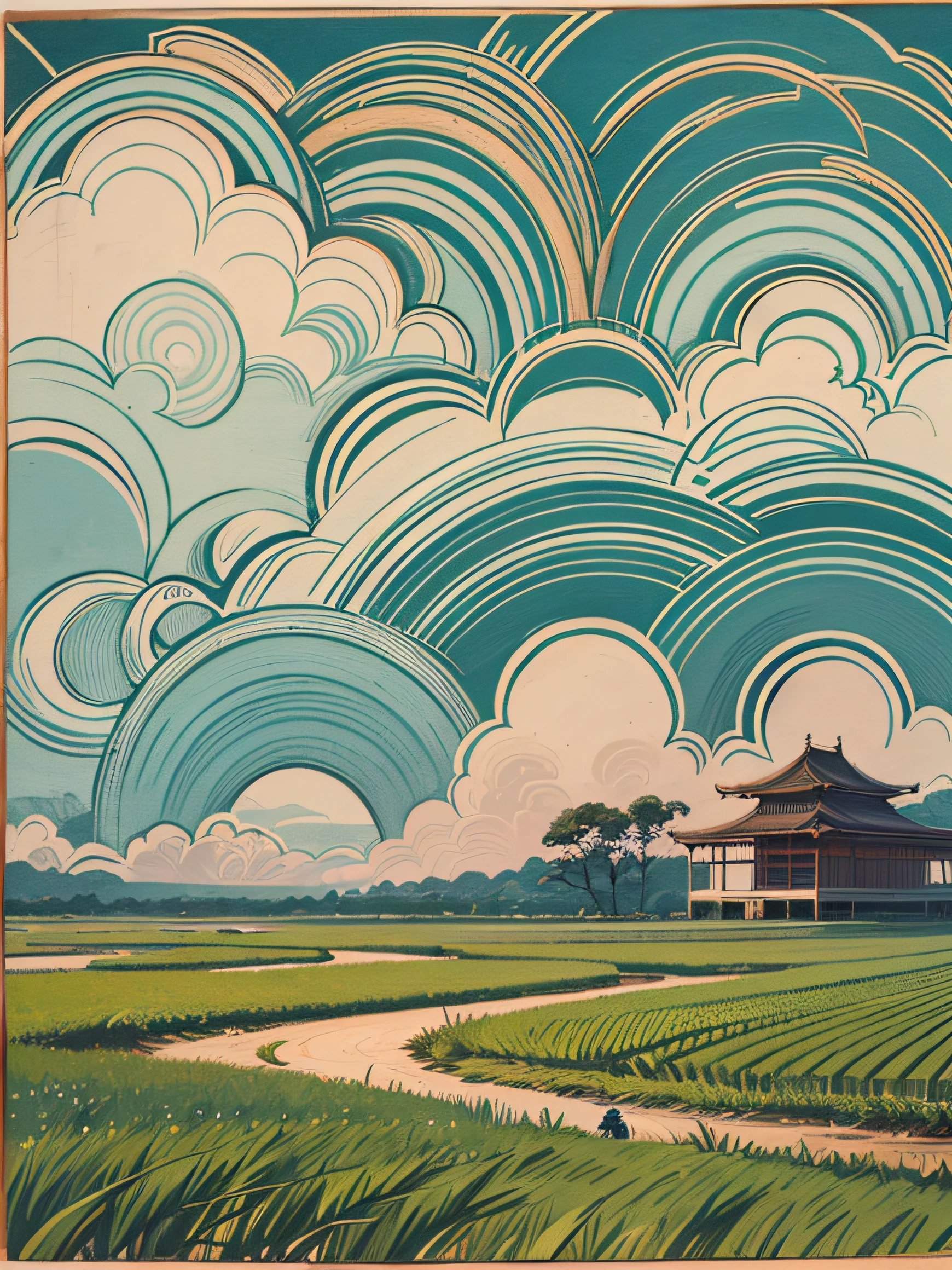 Cartoon, hand-painted form. A view of a rice field, an agricultural scientist, working in the field with his hands holding an abundant ear of rice. In the background, the buildings of the Chinese Academy of Sciences and the clouds in the sky echo each other. --auto --s2