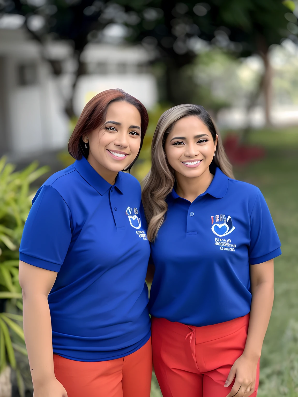 Two women in blue shirts standing next to each other in a park, Karla Ortiz, coluna, julia fuentes, Magda Torres Gurza, branco bg, Directed by: Ric Estrada, imagem de perfil, Foto profissional, Sandra, fernanda suarez, Foto tirada de dia, imagem do avatar, Lorena Avarez, Directed by: Hugo Sanchez Bonilla, Valentina Embaralhamento