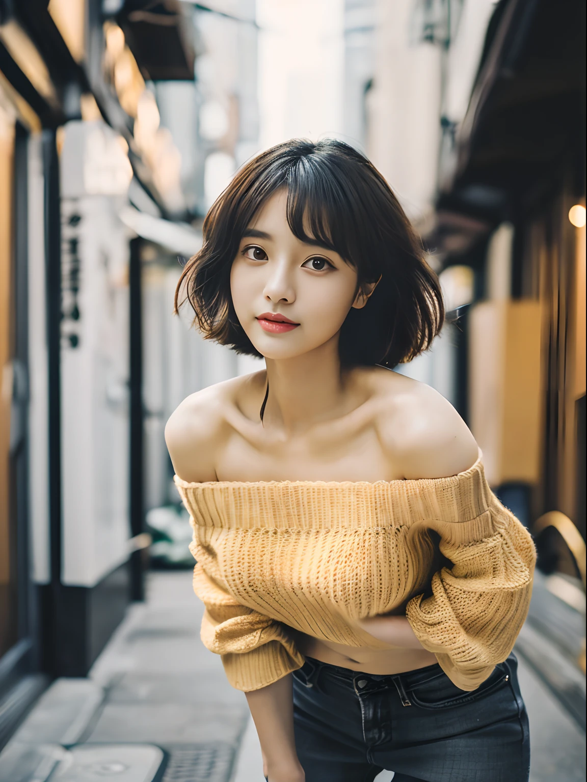 (top-quality、8K、​masterpiece:1.2),  (Cute Japan Beautiful Girl、18year old:1.4)、(Neat and beautiful face、the golden ratio:1.5)、 (Very fine eye definition, Symmetrical eyes:1.3), (Brown eyes, Parted bangs, Lustrous black hair:1.2)、(Perfect body without contradiction、Perfect limbs without contradiction:1.7)、(shinny skin:1.2)、(Beautiful large breast:1.6)、(Constricted waist:1.5)、(Off-the-shoulder loose knit、tight miniskirt:1.3) 、(bending forward、sexypose:1.4)、(Looking at the camera:1.3)、(An empty alley in an empty office district:1.2)、the wind、optic、blurry backround