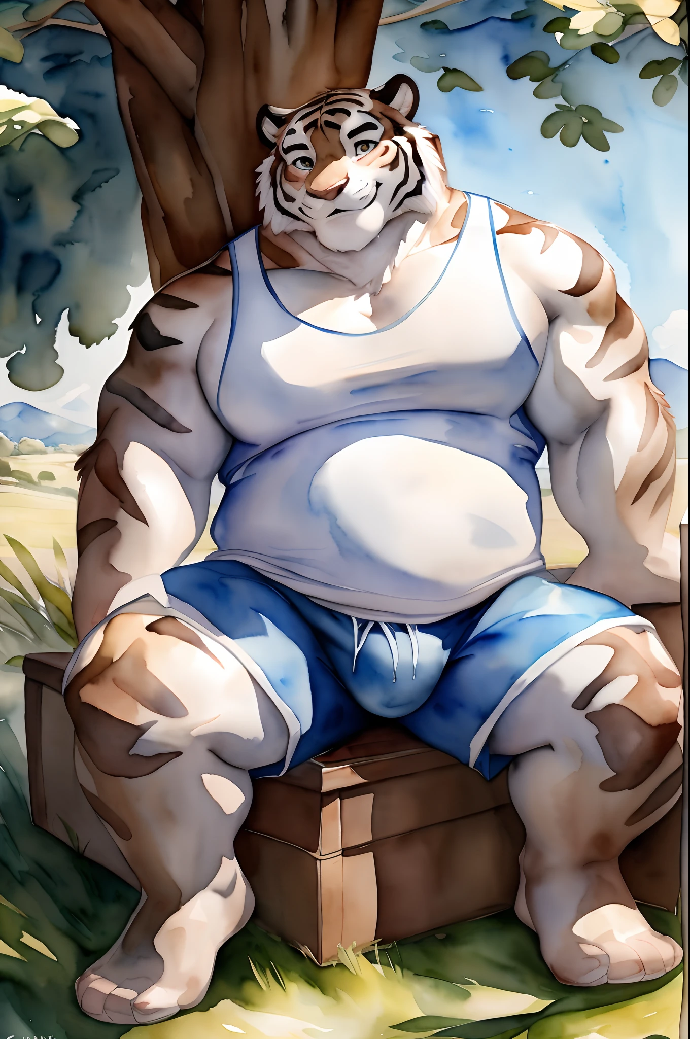 Hominidae, Pose for Camera. 4K, high resolution, Best quality, posted on e621, (Solo:1.2), Anthropomorphic white tiger, male people,  old, Thick eyebrows, Light blue stripes, Strong body, large pecs, ((White tank top and shorts)), medium bulge, Pink milk clusters, Leaning under a large tree, Holding a book, grassy fields, Dappled light and shadow, (sport, Muscular, Heavyweight:1.2), ((Sit in the shade)), Solo, Correct anatomy, (White background, Watercolor background:1.1), (by Chunie, author：Taran Fidler:0.8), (Detailed eyes:1.2), Sexy, (cel-shaded:1.2), cartoon shading, (aquarelle:1.2), Smile, Be red in the face, (view the viewer:1.2), Bright eyes, Front view