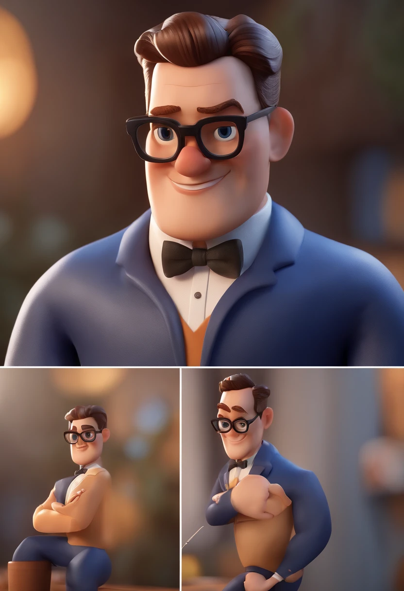 Cartoon character of a man with black glasses and a blue shirt, animation character, Caractere estilizado, animation style rendering, 3D estilizado, Arnold Maya render, 3 d render stylized, toon render keyshot, Personagem 3D, Personagem 3D, 3d rendering stylized, 3 d character render, personagem de desenho animado, Personagem de close up, Pose de personagem,  (Estilo Pixar) (master part:1.2) (Bokeh) (best quality) (pele detalhada) (textura detalhada) (8k) (argila) (Cinematic lighting) (foco nítido