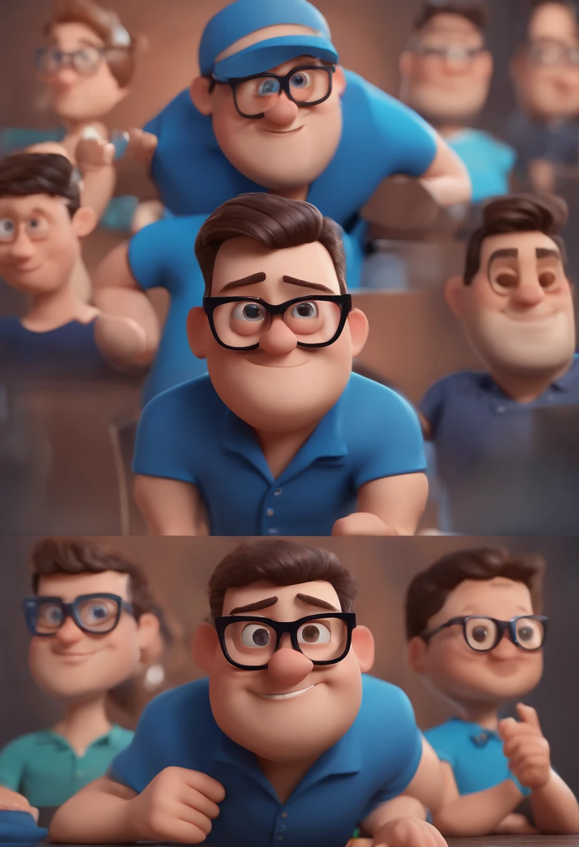 Cartoon character of a man with black glasses and a blue shirt, animation character, Caractere estilizado, animation style rendering, 3D estilizado, Arnold Maya render, 3 d render stylized, toon render keyshot, Personagem 3D, Personagem 3D, 3d rendering stylized, 3 d character render, personagem de desenho animado, Personagem de close up, Pose de personagem, (Estilo Pixar) (master part:1.2) (Bokeh) (best quality) (pele detalhada) (textura detalhada) (8k) (argila) (Cinematic lighting) (foco nítido