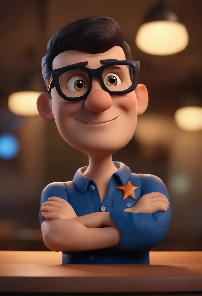 Cartoon character of a man wearing black glasses and a blue shirt, um personagem animado, Caractere estilizado, animation style rendering, 3D estilizado, Arnold Maya render, 3 d render stylized, toon render keyshot, Personagem 3D, Personagem 3D, 3d rendering stylized, 3 d character render, personagem de desenho animado, Personagem de close up, Pose de personagem, (Estilo Pixar) (master part:1.2) (Bokeh) (best quality) (pele detalhada) (textura detalhada) (8k) (argila) (Cinematic lighting) (foco nítido,Senta e vaza a parte superior do corpo