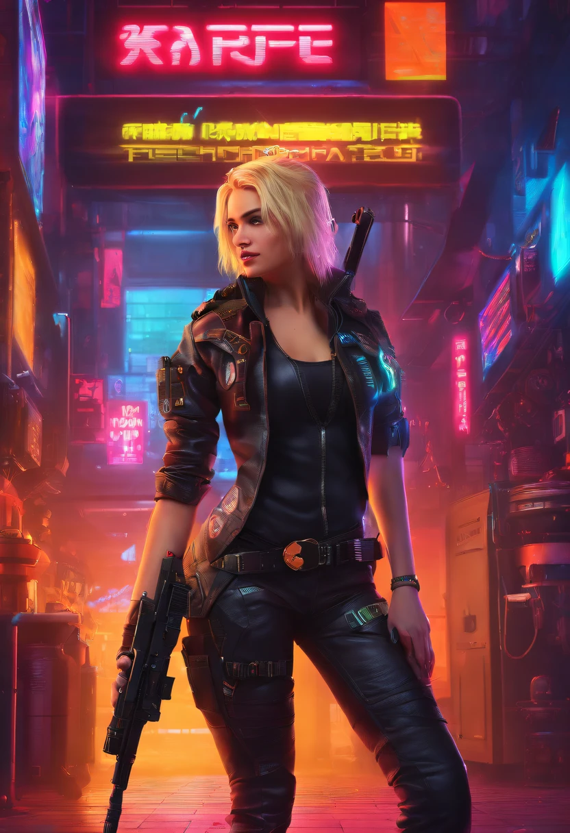 blond woman in black leather pants and a black top standing in a kitchen, wearing an ammo belt, posing ready for a fight, badass look, wearing a punk outfit, ready for combat, she is ready to fight, ready to eat, full body shoot, with pistol, wearing techwear and armor, armed, outfit: cop, tight outfit, with rifle