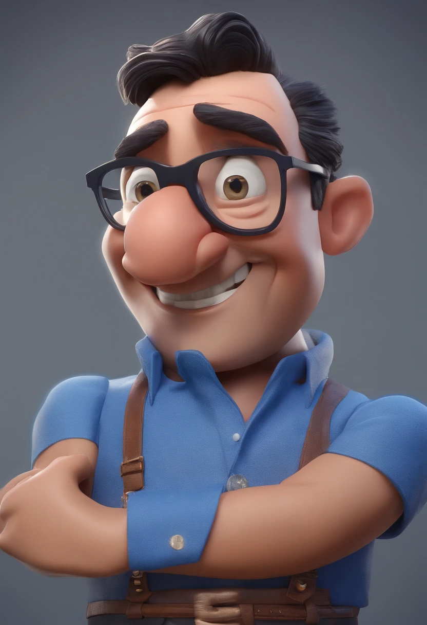 Cartoon character of a man with black glasses and a blue shirt, animation character, Caractere estilizado, animation style rendering, 3D estilizado, Arnold Maya render, 3 d render stylized, toon render keyshot, Personagem 3D, Personagem 3D, 3d rendering stylized, 3 d character render, personagem de desenho animado, Personagem de close up, Pose de personagem,  (Estilo Pixar) (master part:1.2) (Bokeh) (best quality) (pele detalhada) (textura detalhada) (8k) (argila) (Cinematic lighting) (foco nítido