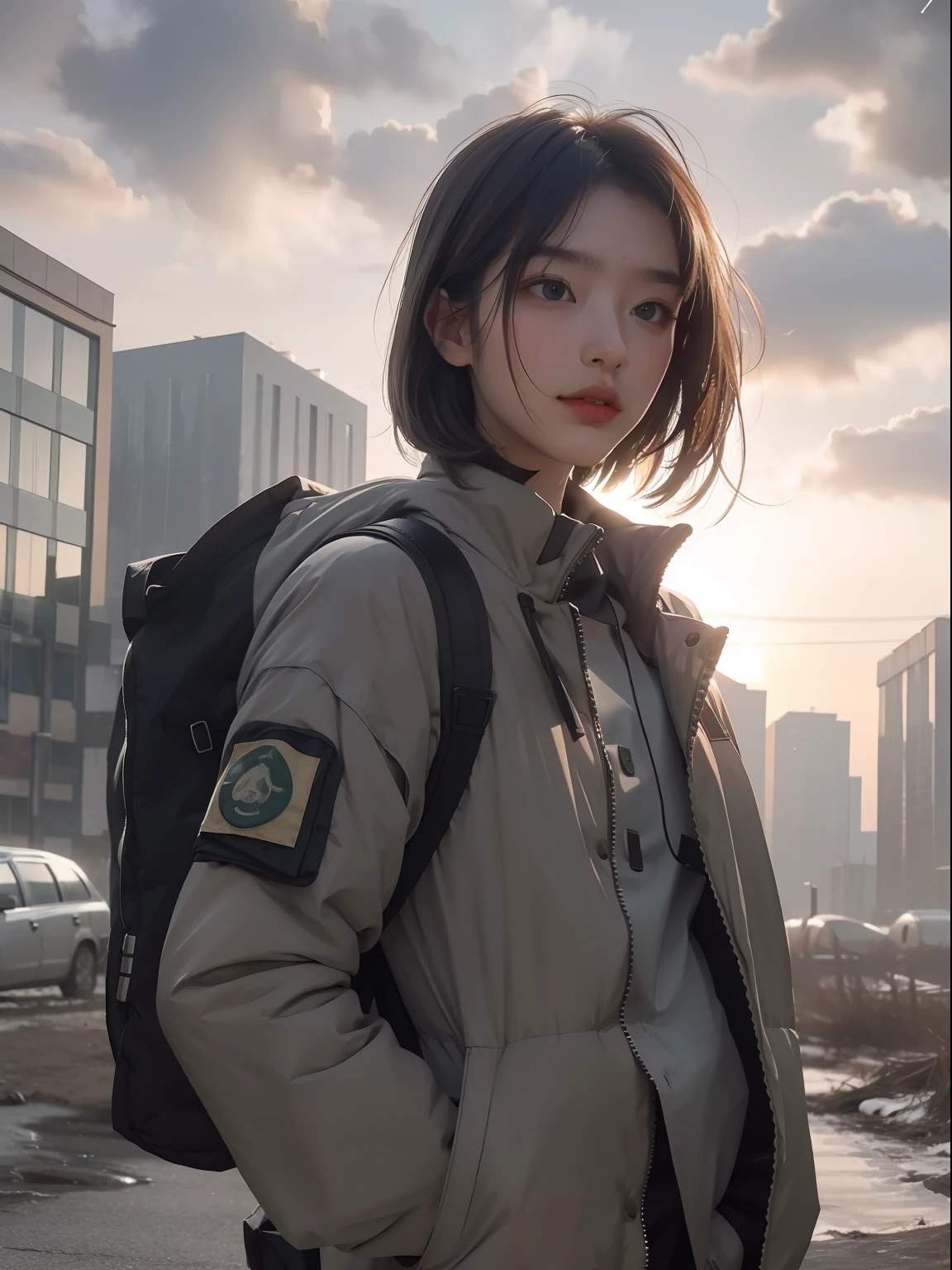 (Ultra detailed), (Masterpiece), (Best quality), (Very detailed CG unit 8K wallpaper), A man in a gas suit explores an abandoned city, Follow this path, polluted, Abandoned, (Green sky), unnoticed, dawn, concept-art, (Small growth is tiny, Shiny fungus, roots, spore, Polluted air), (Green sky), Dark, Post-apocalypse, Cinematic, Highly detailed, stylized wallpaper