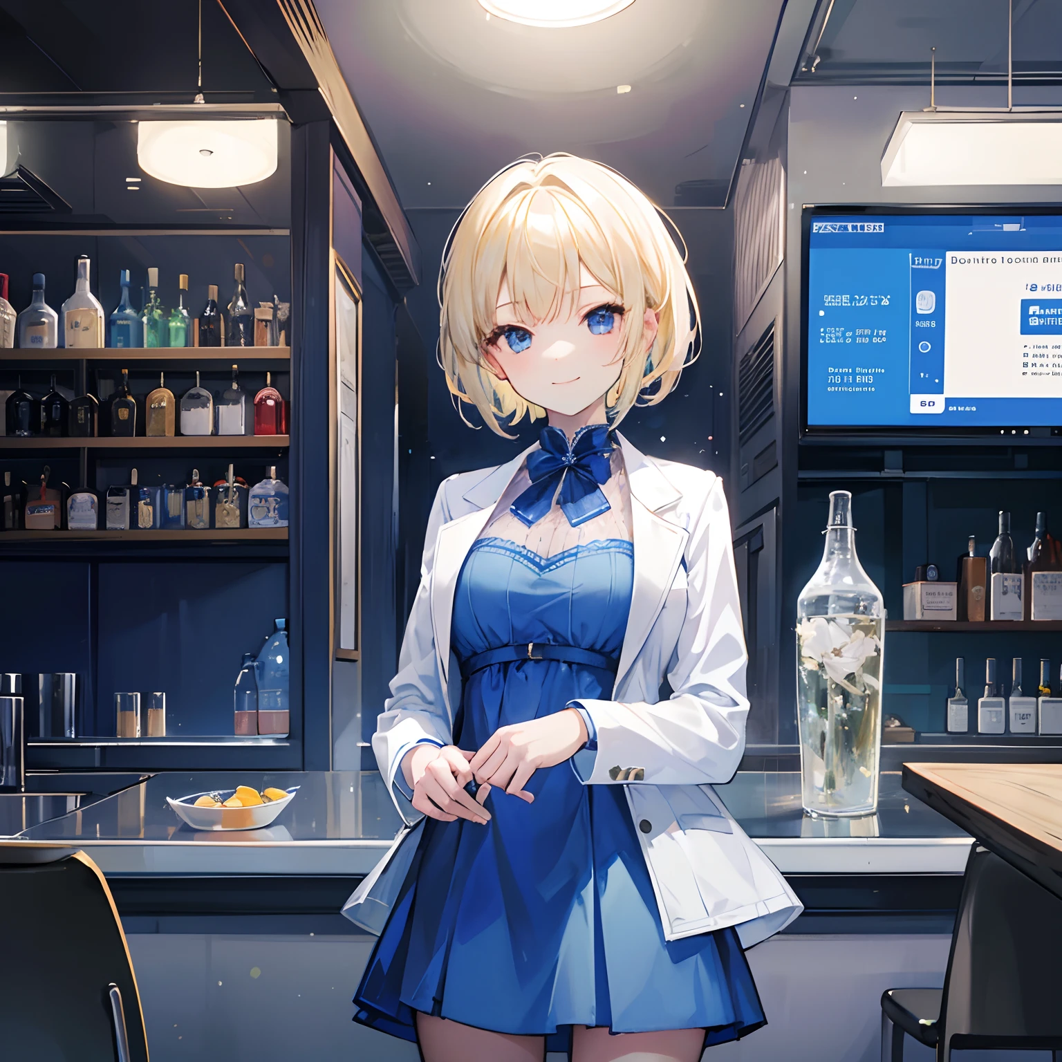 Masterpiece, 1 girl, smiling, blue dress, white jacket, chillerism, short blonde hair, New York bar