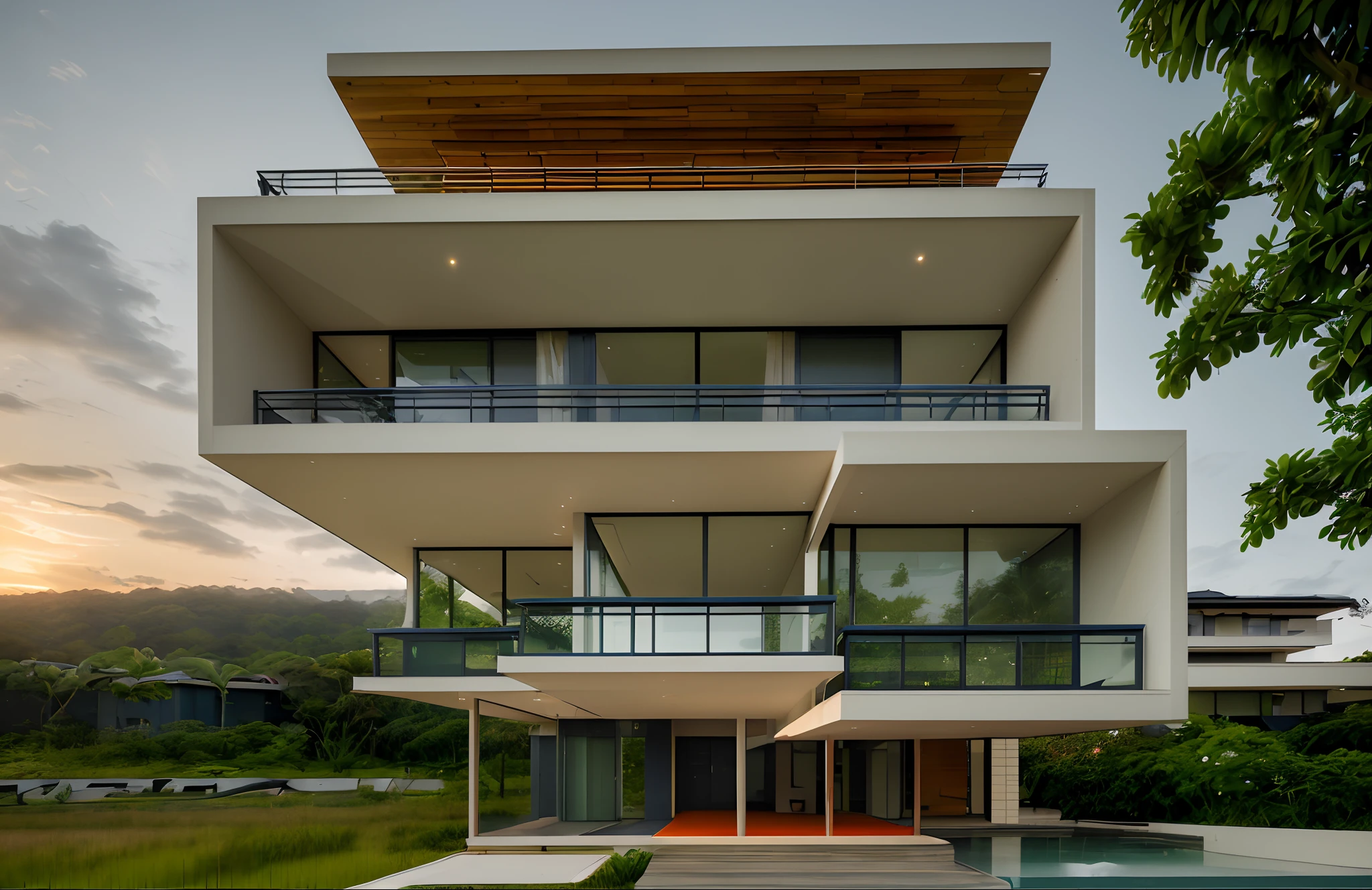 exterior contemporary house in the sunrise, building, urban, glass rail, plants on bancony, glasses window, nice landscape with tropical trees and plants, green grass, navy blue and orange color scheme