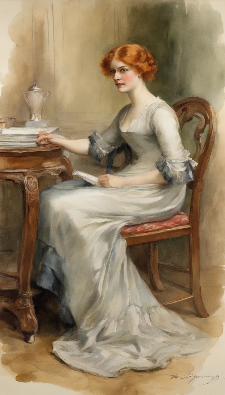 oil painting, 1918, edwardian era, golden ratio, Philip de Laszlo, four red-haired sisters. A young woman in her twenties sits in an elegant chair, her hair up. A sixteen-year-old girl next to her, also in an adjacent chair. Two girls standing in the middle, one fifteen and the other twelve, wearing their hair down with a bow.