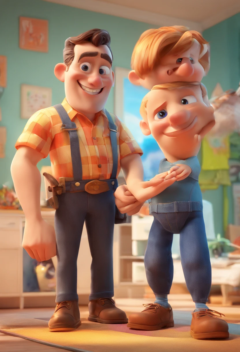 Estilo Pixar: The grown man is holding a naked blue-eyed boy and in his other hand he is holding a pair of scissors and is trying to cut off the boy's testicles,3D Poster,Disney
