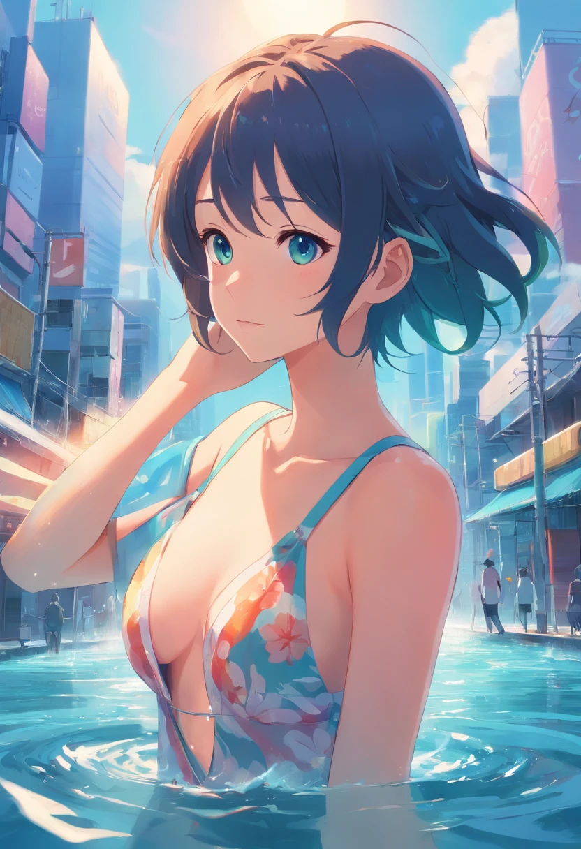 （tmasterpiece、top-quality、8k wallpaper、A high resolution、realisticlying），Big breasts Hatsune Miku，Beautiful breast leakage，flooded with water，Get wet，shirtless，the setting sun，the ocean, show cunt