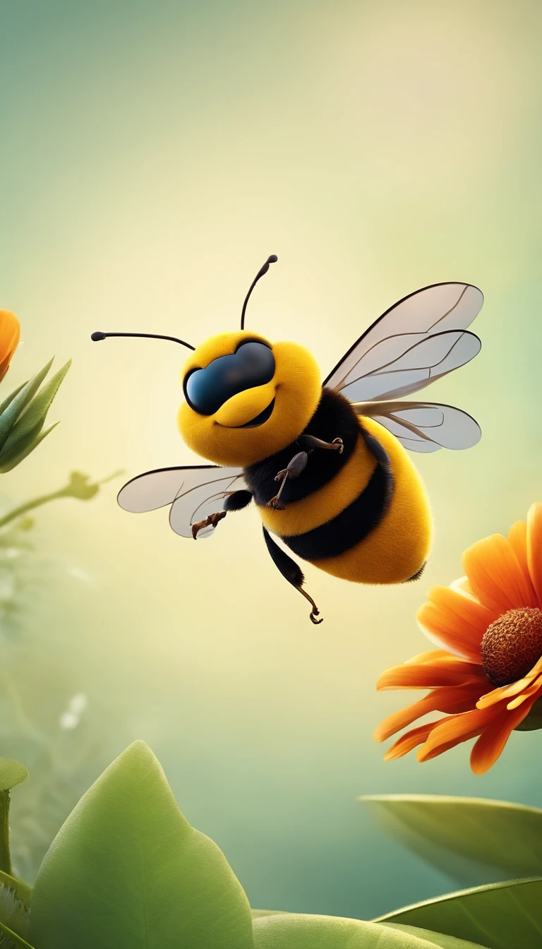 a poster from Pixar's Disney-style 3D movie with a bee flying, Flying over an exotic and rare flower, Estilo botanico, clean design, minimalist, 4 colors, high quality