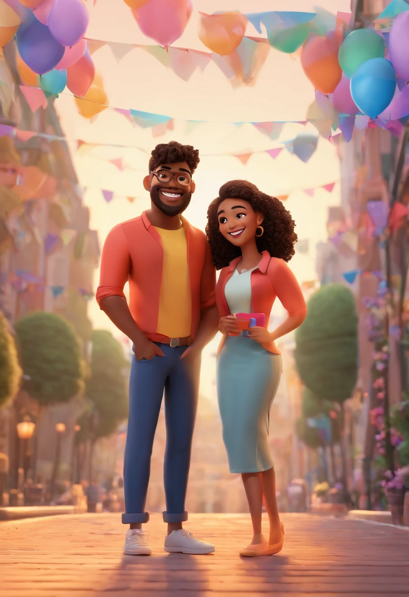 An illustration of an adorable couple, Highlight for a chubby mulatto man with glasses smiling and a brunette woman with beautiful expressive eyes - the man's skin is mulatto and the man's hair haswhile the woman's skin is black and the woman's hair is straight and brown. They are a bright room, cada um com um sorriso no rosto, e compartilhar um momento especial caracterizado pelo amor, Insights. Illustrate this scene from a perspective where they are facing the camera, Smiling and Showing Your Connection. Desenvolva esta arte em Full HD, Focus on your cinematic touch, Estilo Disney Pixar Animations