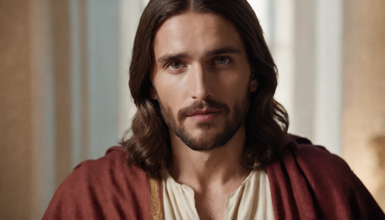 a Jesus Christ, handsome man, gorgeous face, show by 8k, his eyes and a face looking on camera lens