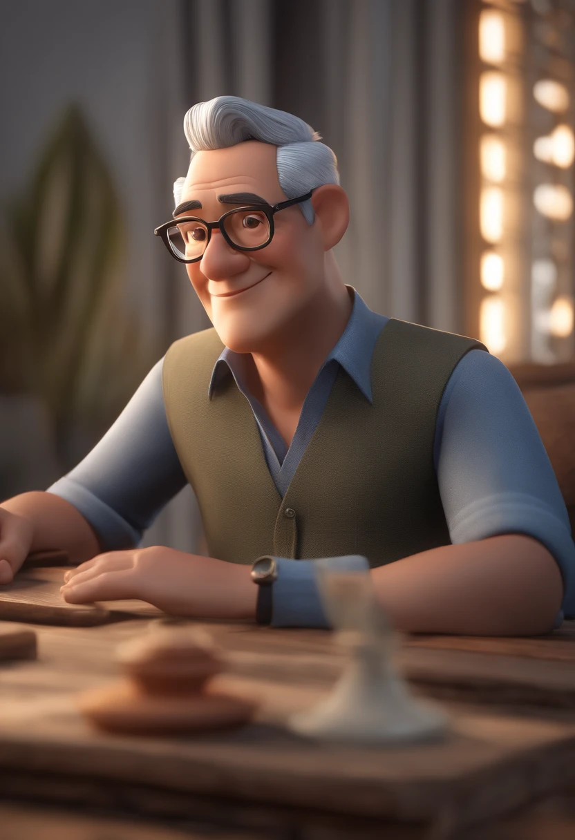 Cartoon character of a man with black glasses, Japanese gray hair and a blue shirt, animation character, Caractere estilizado, animation style rendering, 3D estilizado, Arnold Maya render, 3 d render stylized, toon render keyshot, Personagem 3D, Personagem 3D, 3d rendering stylized, 3 d character render, personagem de desenho animado, Personagem de close up, Pose de personagem,  (Estilo Pixar) (master part:1.2) (Bokeh) (best quality) (pele detalhada) (textura detalhada) (8k) (argila) (Cinematic lighting) (foco nítido