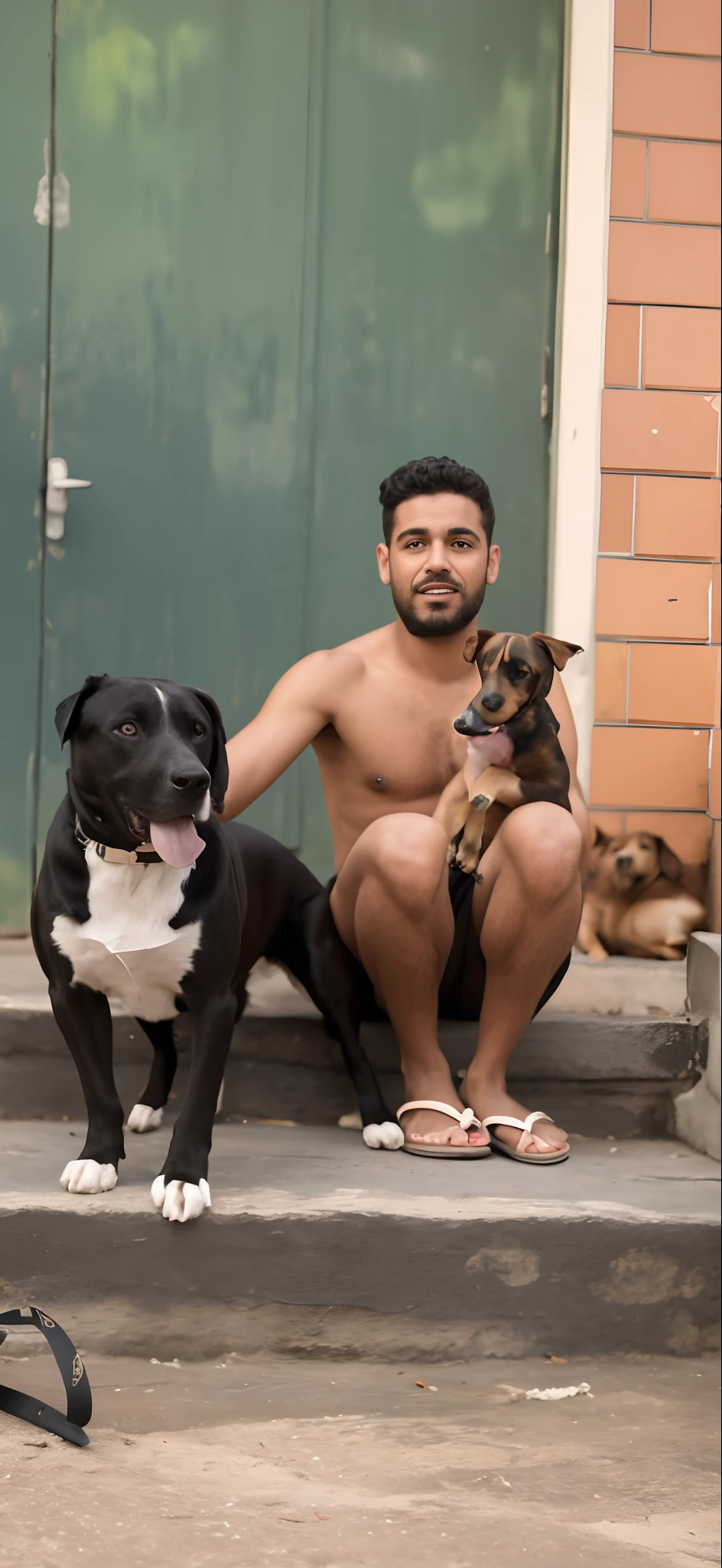 There's a man sitting on the steps with two dogs, with dogs, Directed by: Nandor Soldier, Directed by: Samuel Silva, with stray dogs, caio santos, 1614572159, with his hyperactive little dog, Malika Favre, david rios ferreira, pitbull, Directed by: Luis Miranda, Directed by: David Ruby