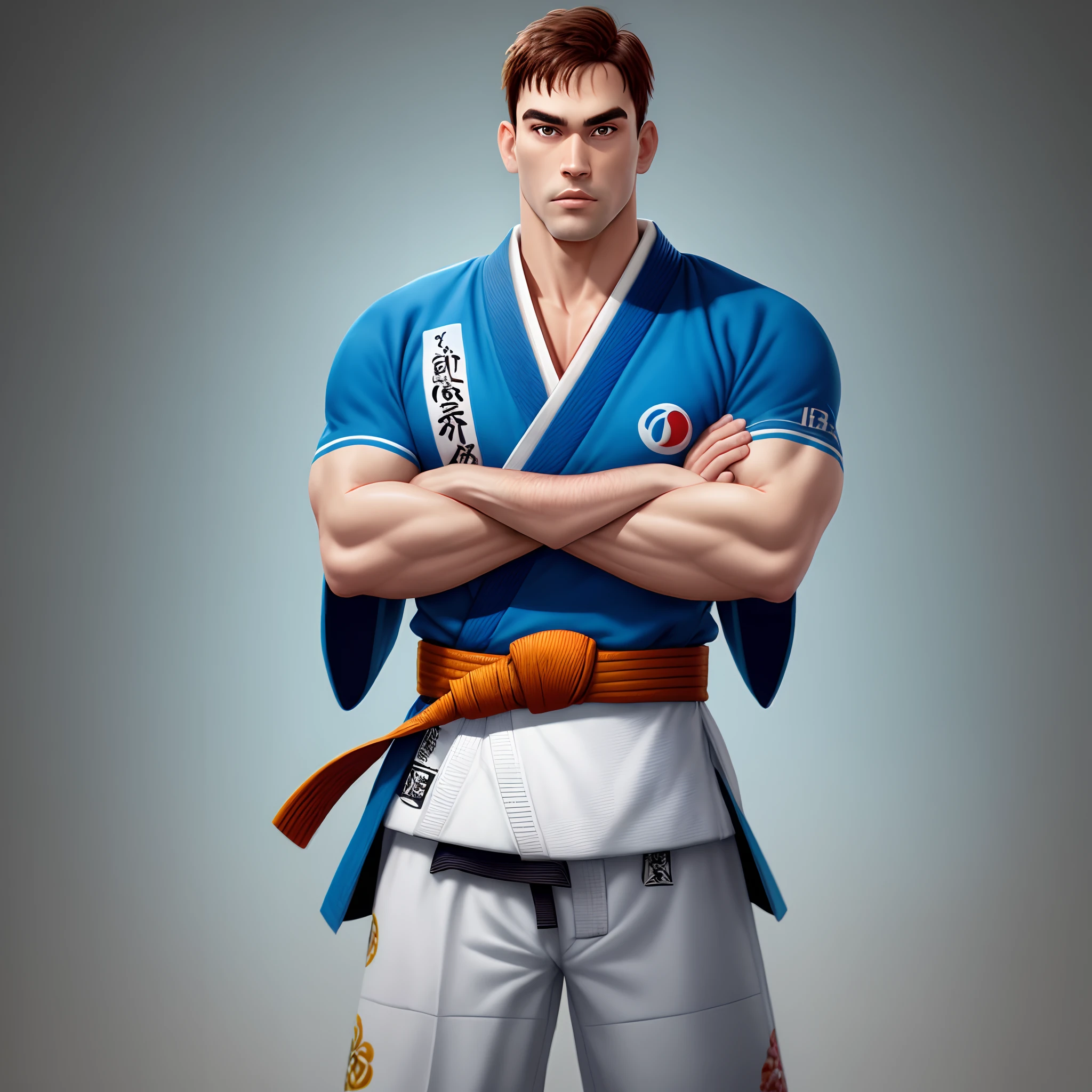 um homem com kimono branco, Blue belt crossed arms standing in a jiu-jitsu academy, estilo pixar