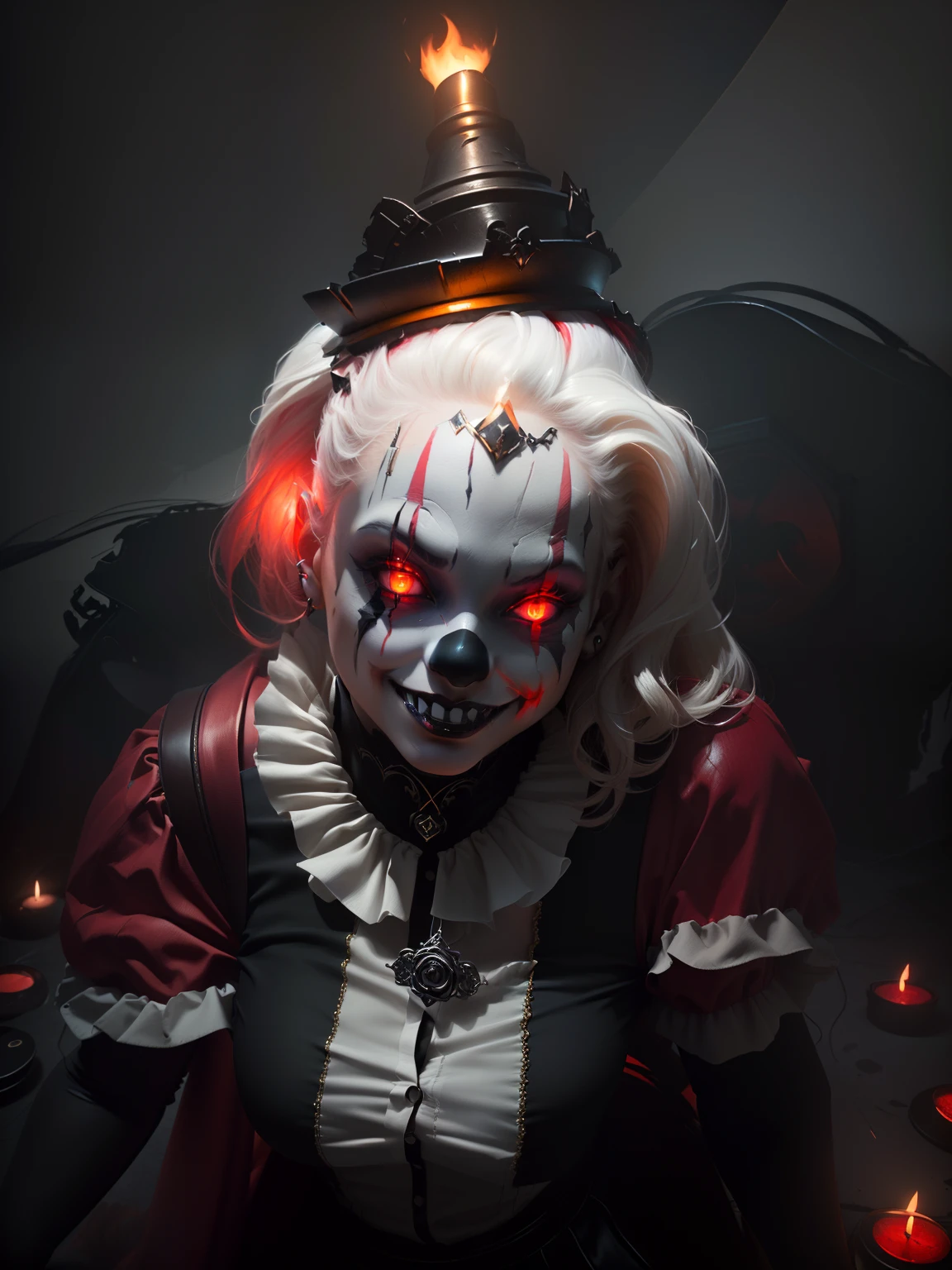 there is a young girl dressed as a clown with candles in the background, hair half white and half red, creepy clown girl, goth clown girl, photorealistic dark concept art, cutecore clowncore, no smile and glowing eyes, clown girl, wojtek fus, 3 d render character art 8 k, creepy evil smile, creepy smile, cgsociety contest winner, trending on artstation 4k
