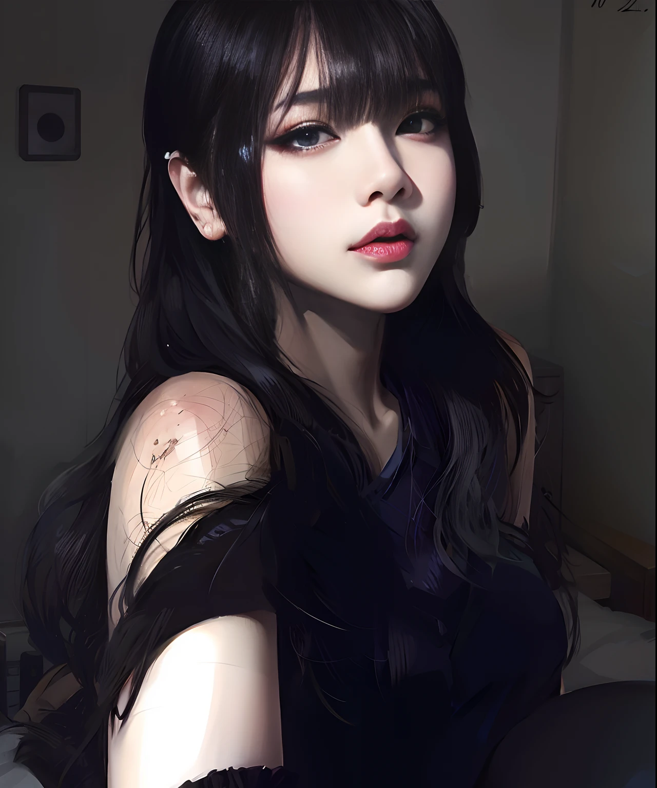 Asian woman araffed with long black hair and piercings, cruel korean goth girl, Ulzzang, Arte no estilo de Guweiz, ****** anime na vida real, Guweiz, com cabelos longos e olhos penetrantes, Modelo IG | Artgerm, Ela tem cabelo preto , anime fotorrealista, ****** anime jovem realista