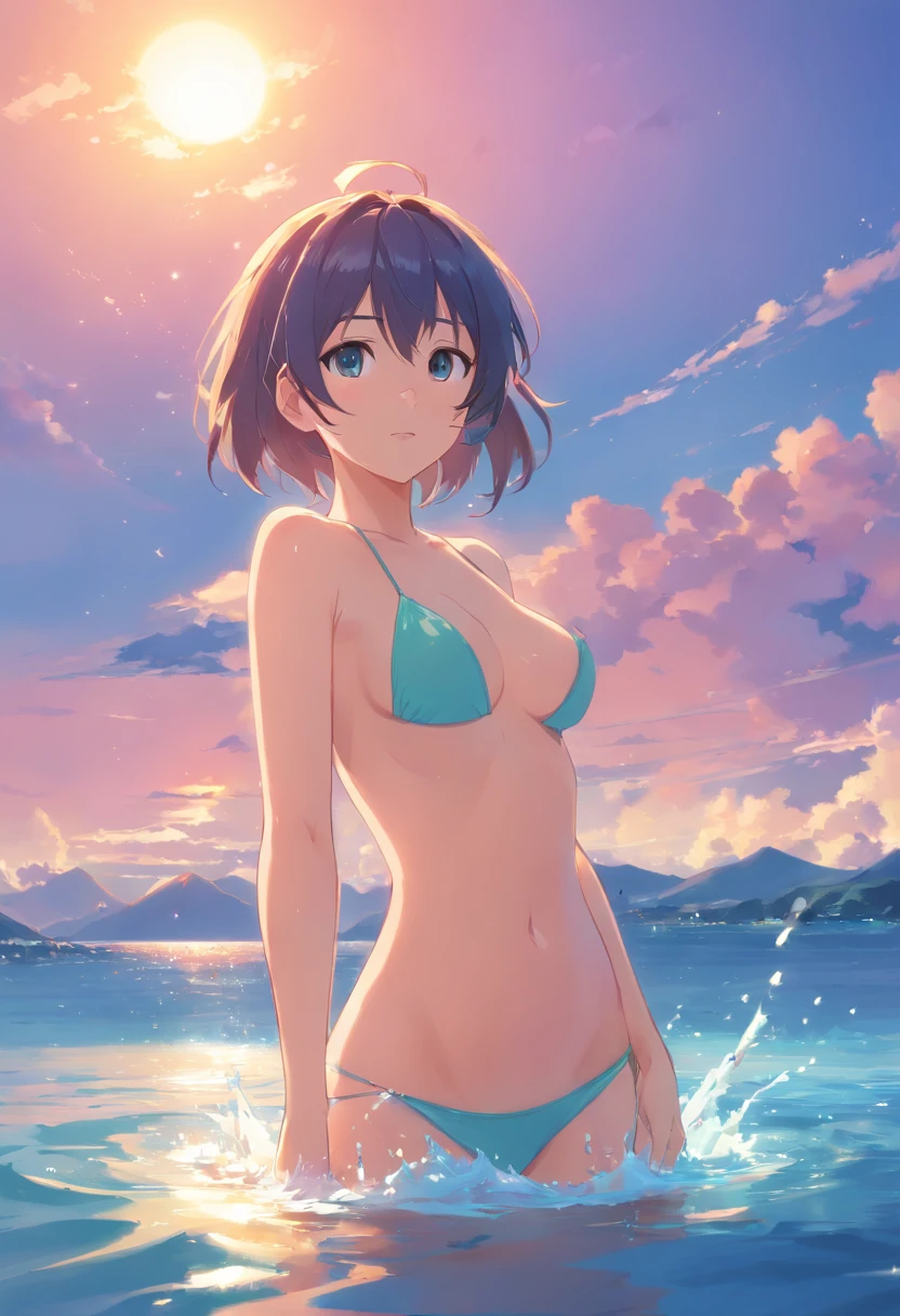 (tmasterpiece、top-quality、8k wallpaper、A high resolution、realisticlying),Big breasts Hatsune Miku,Beautiful breast leakage,flooded with water,Get wet,shirtless,the setting sun,the ocean, tits, pussy, fucking