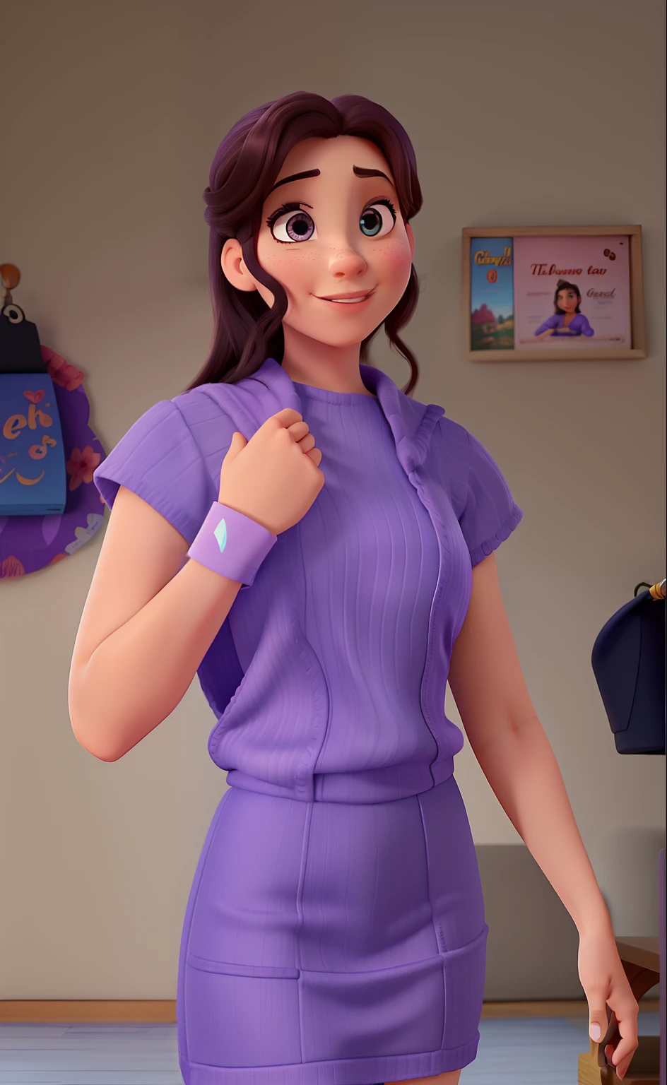 Gere a imagem um poster inspirado na disney pixar de uma mulher ao ar livre com vestido colado roxo