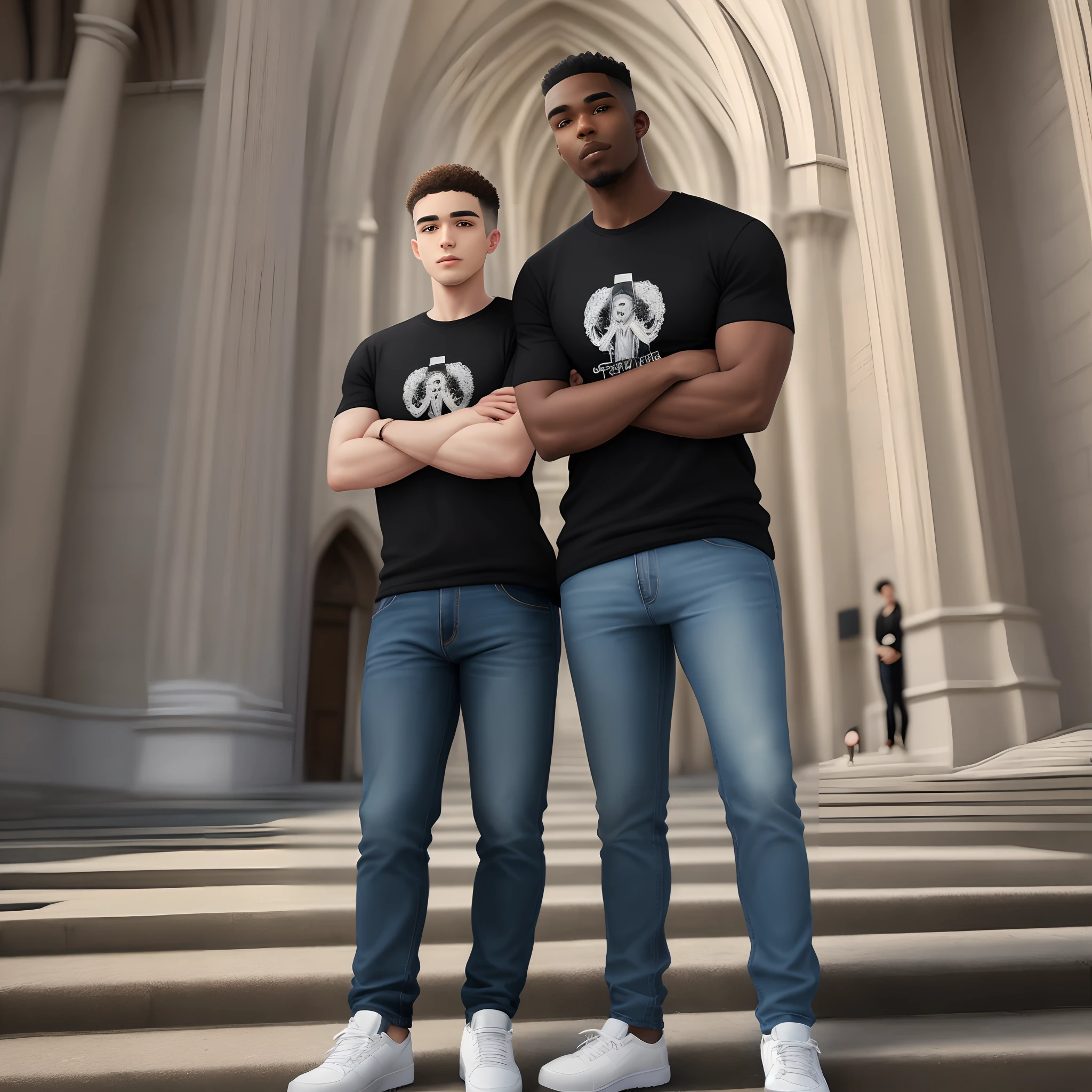 Black man with his arms crossed with a shirt saying "it's beautiful to be Catholic" standing in front of a cathedral wearing jeans and black sneakers