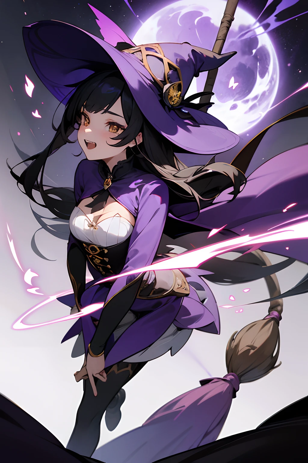 Looking for a high-quality masterpiece with Full HD 8K resolution in the 'Genshin Impact' style. The illustration must feature a beautiful flying witch riding a broom flying in the sky. The witch is elegant and enigmatic, with long black hair that flutters as she rises through the air. Her golden eyes shine with a mischievous shine and a charming smile showing off her fangs and sharp teeth. Her face reflects determination and magical wisdom. Her body is slender and feminine, with an elegant posture. She wears a luxurious purple outfit with white details, which includes a large witch hat with gold trim, a blouse, a corset that flatters her breasts, tight stockings, and elegant boots. Her long purple cape with gold accents flutters gracefully behind her. Her broom, her faithful companion, is made of dark wood with magical decorations. The witch flies in a majestic pose, leaning slightly forward, exuding confidence and mastery. Her arms extend gracefully and her gaze focuses mischievously on the horizon.