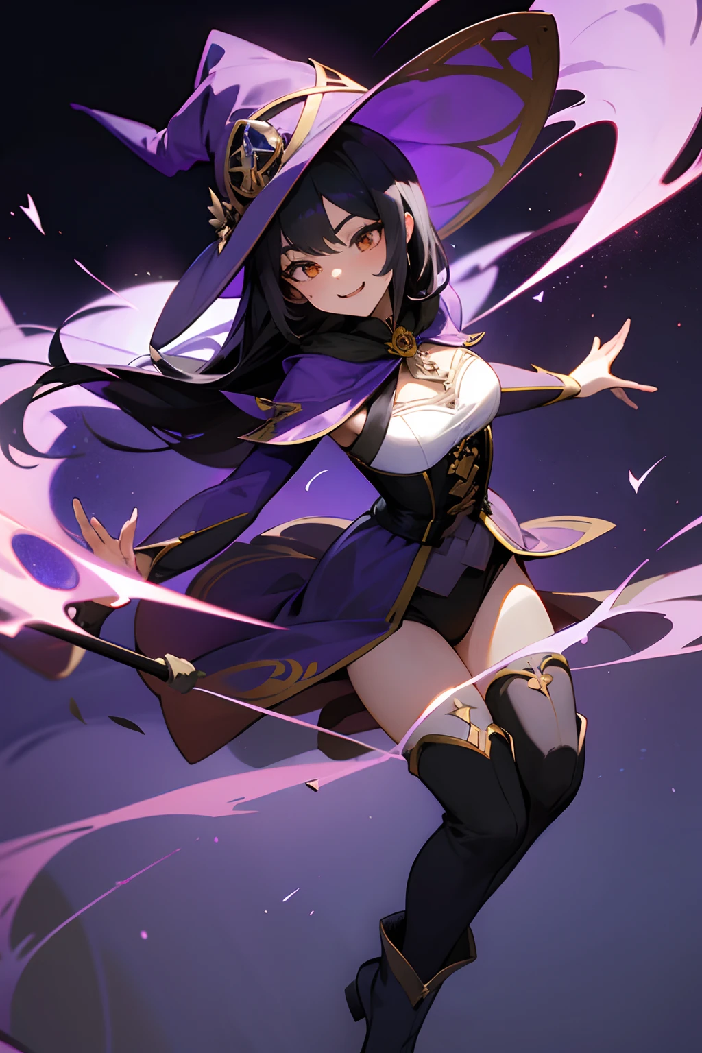 Looking for a high-quality masterpiece with Full HD 8K resolution in the 'Genshin Impact' style. The illustration must feature a beautiful flying witch riding a big broom flying in the sky. The witch is elegant and enigmatic, with long black hair that flutters as she rises through the air. Her golden eyes shine with a mischievous shine and a charming smile showing off her fangs and sharp teeth. Her face reflects determination and magical wisdom. Her body is slender and feminine, with an elegant posture. She wears a luxurious purple outfit with white details, which includes a large witch hat with gold trim, a blouse, a corset that flatters her breasts, tight stockings, and elegant boots. Her long purple cape with gold accents flutters gracefully behind her. Her broom, her faithful companion, is made of dark wood with magical decorations. The witch flies in a majestic pose, leaning slightly forward, exuding confidence and mastery.