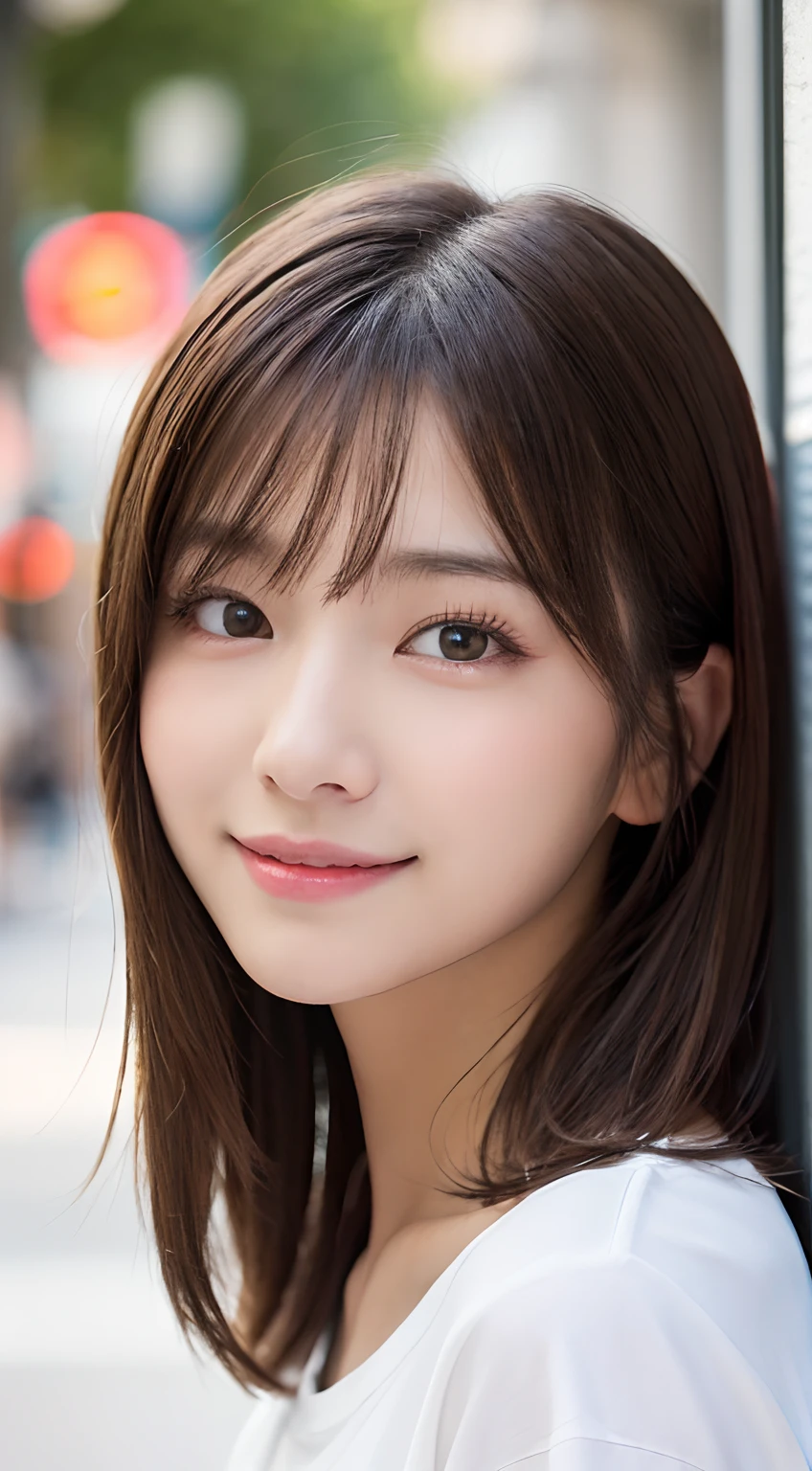 (top-quality,8K picture quality,masterpiece:1.3,),(超A high resolution:1.3,Photorealsitic:1.4,Raw photography:1.2),(ultra-detailliert,shinny skin,Detailed skin),(Detailed face,Perfect Anatomy,Caustics),女の子1人,kawaii,japanes,22year old,Japanese ido,Natural brown hair,shoulder length hair,Pretty eyes,natural make up,Oversized T-shirt,a smile,Looking at the camera,up on the face,Face Focus,street corner,Professional Writing,natural soft light,