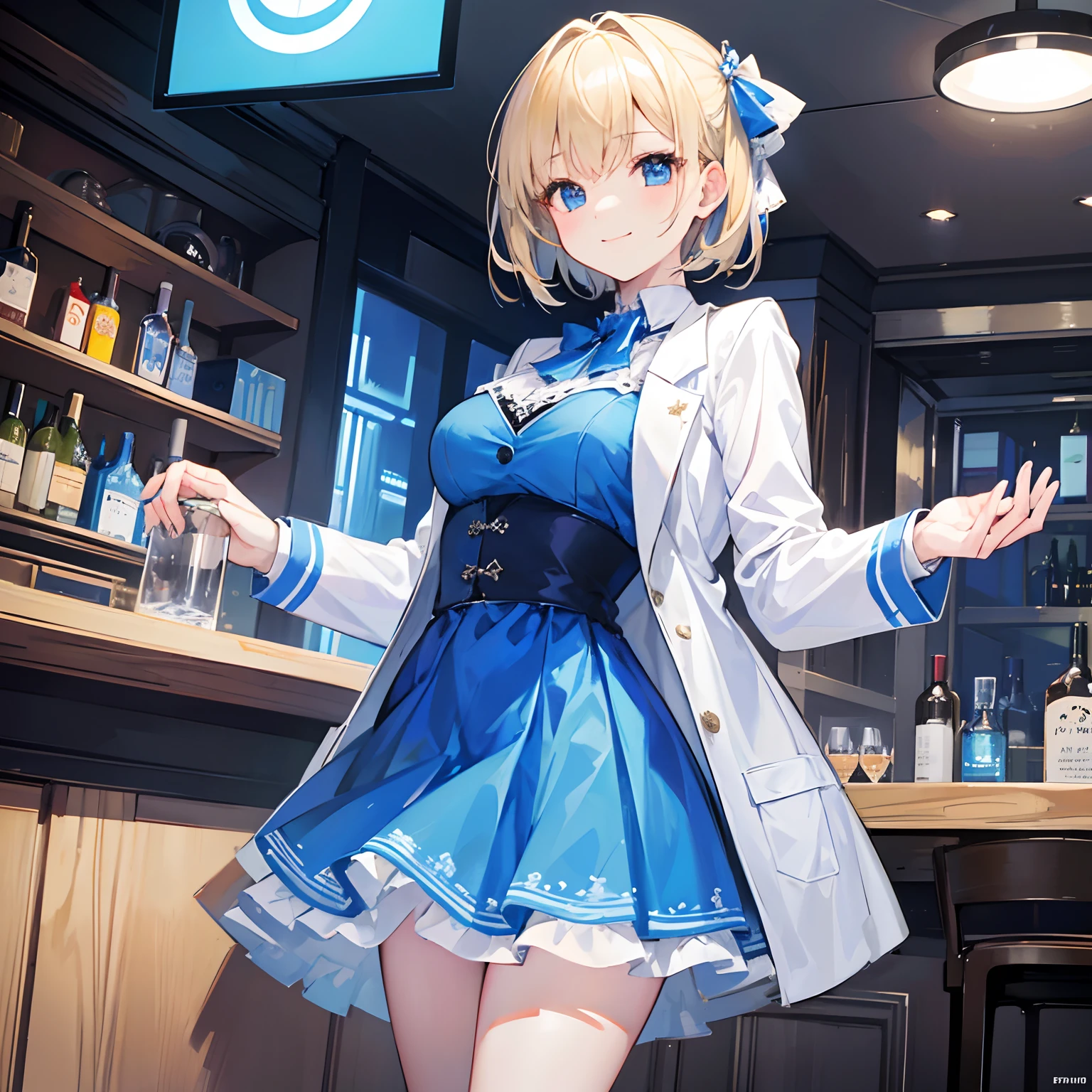 Masterpiece, 1 girl, smiling, blue dress, white jacket, chillerism, short blonde hair, New York bar