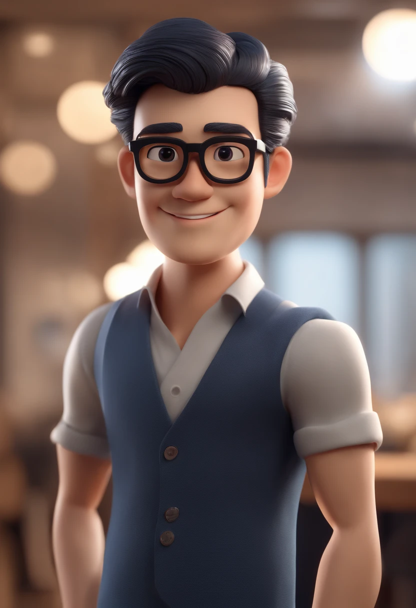 Cartoon character of a Japanese man with black glasses and a blue shirt, animation character, Caractere estilizado, animation style rendering, 3D estilizado, Arnold Maya render, 3 d render stylized, toon render keyshot, Personagem 3D, Personagem 3D, 3d rendering stylized, 3 d character render, personagem de desenho animado, Personagem de close up, Pose de personagem, (Estilo Pixar) (master part:1.2) (Bokeh) (best quality) (pele detalhada) (textura detalhada) (8k) (argila) (Cinematic lighting) (foco nítido