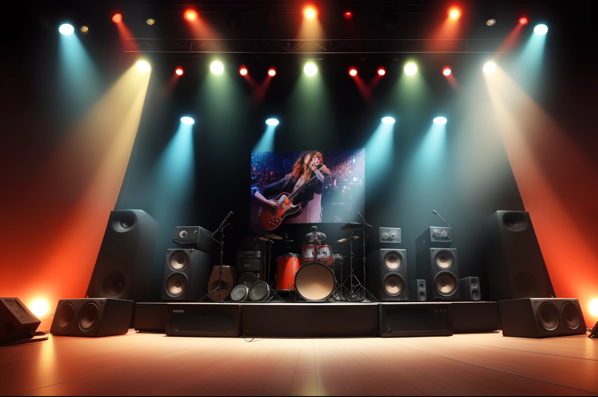 a rock band live stage, front view, low angle view, looking at viewer, giant speakers, stage, lights, detailed background, tv