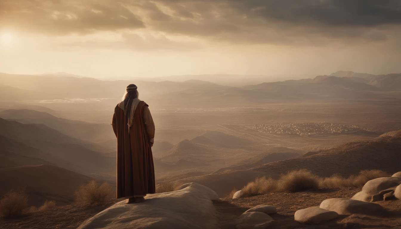 Moses with his people in the wilderness looking at the holy city in the distance