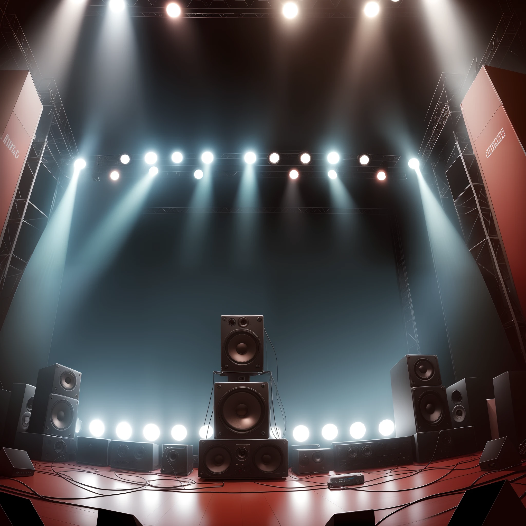 a rock band live stage, front view, low angle view, looking at viewer, giant speakers, stage, lights, detailed background, tv