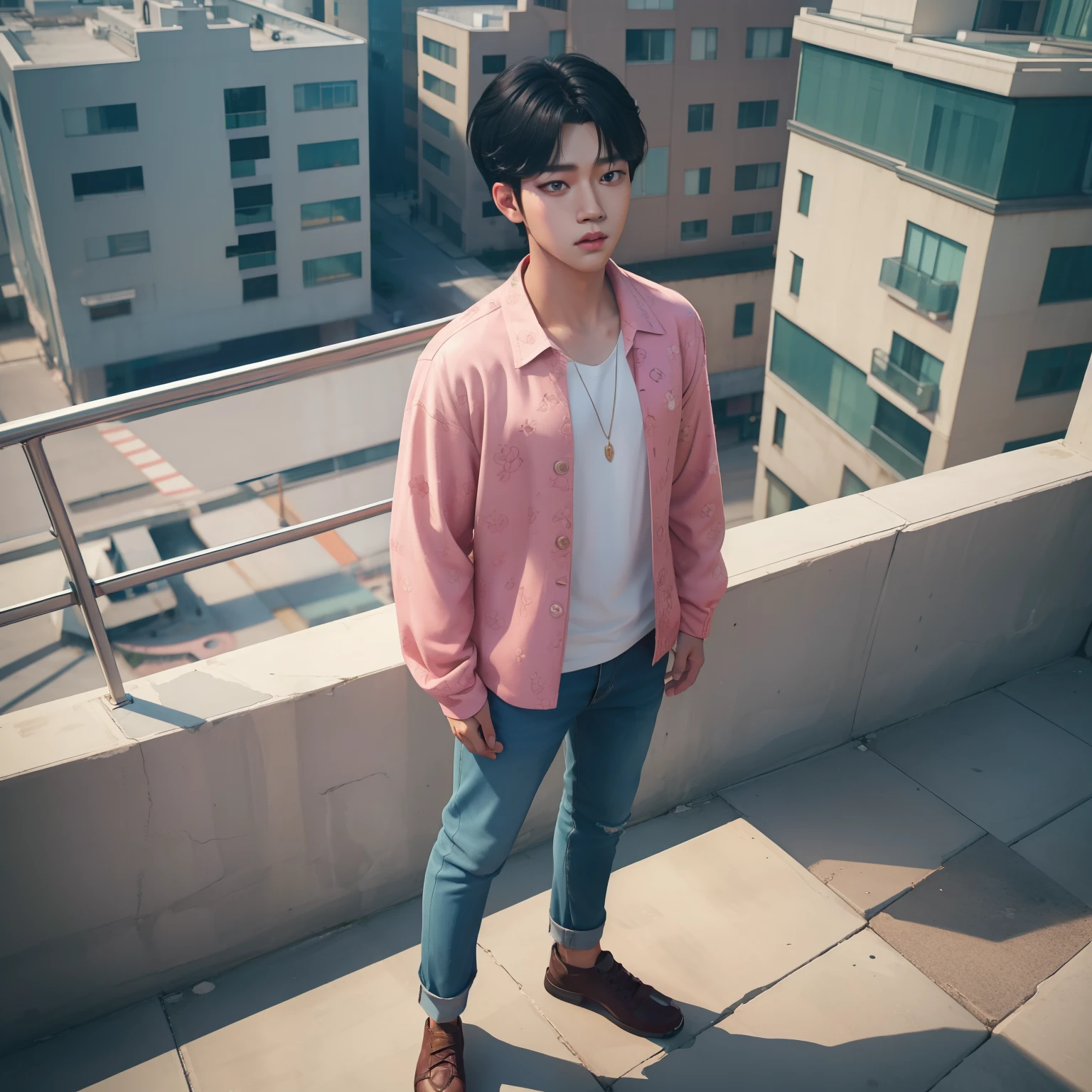 (Aerial view), dynamic angle, ultra-detailed, (standing), (full body), 1boy, ((j-hope)), a beautiful Asian boy, short black hair, beautiful face detailed insipirado in idol, urban clothes, sexy atmosphere, photorealistic, masterpiece, artwork, intricate details, 8k, nikon RAW photo, fujifilm XT3, best quality, high resolution