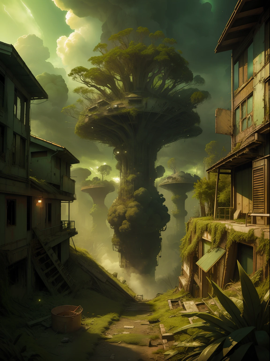(Ultra detailed), (Masterpiece), (Best quality), (Very detailed CG unit 8K wallpaper), A man in a gas suit explores an abandoned city, Follow this path, polluted, Abandoned, (Green sky), unnoticed, dawn, concept-art, (Small increases are tiny, Shiny fungus, roots, spore, Polluted air), (Green sky), Dark, Post-apocalypse, Cinematic, Highly detailed, stylized wallpaper
