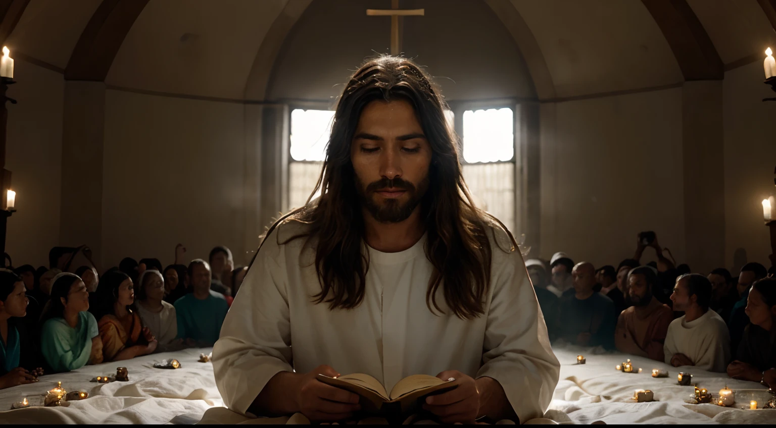 Create an exciting and inspiring image of Jesus Christ in high definition, Surrounded by his people in prayer, Capturing a Moment of Deep Devotion and Spirituality.