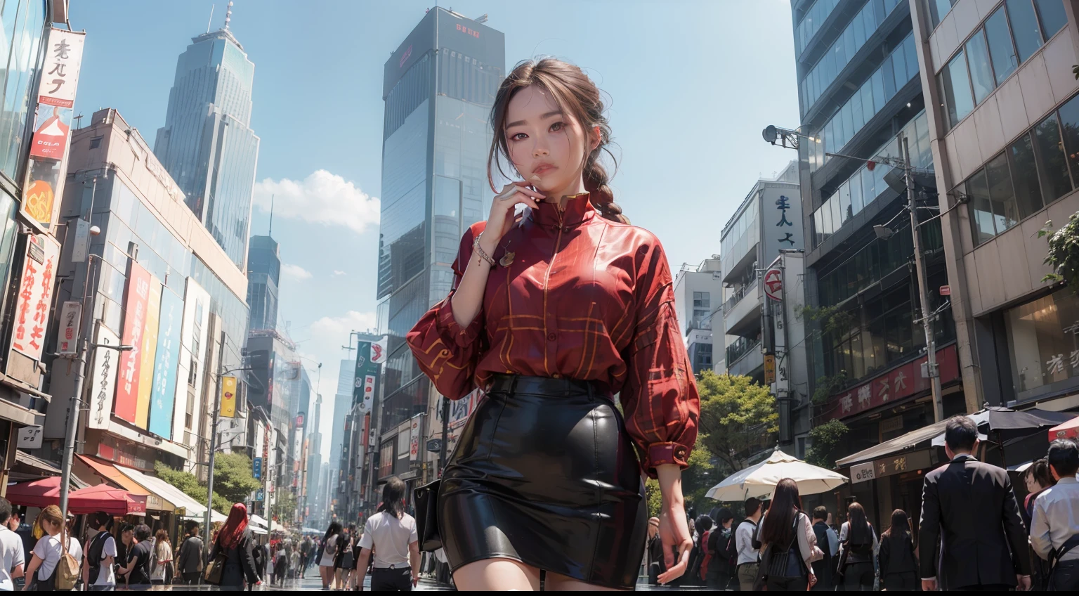 (realisitic,Photorealsitic:1.4),(1 beauty:1.3),(beautiful countenance:1.5),Detailed shiny skin,A detailed eye,Precise hands and fingers,8K HDR, , ​masterpiece, (Dynamic Angle Video),电影灯光, Finely drawn backgrounds,accurate fingers,(Tokyo in the middle of summer,Skyscrapers covered in vegetation:1.3),Beautiful workers,Office Suits,Hair with red mesh,Braided hair,Alleys with few people,Running,Composition looking up from below,