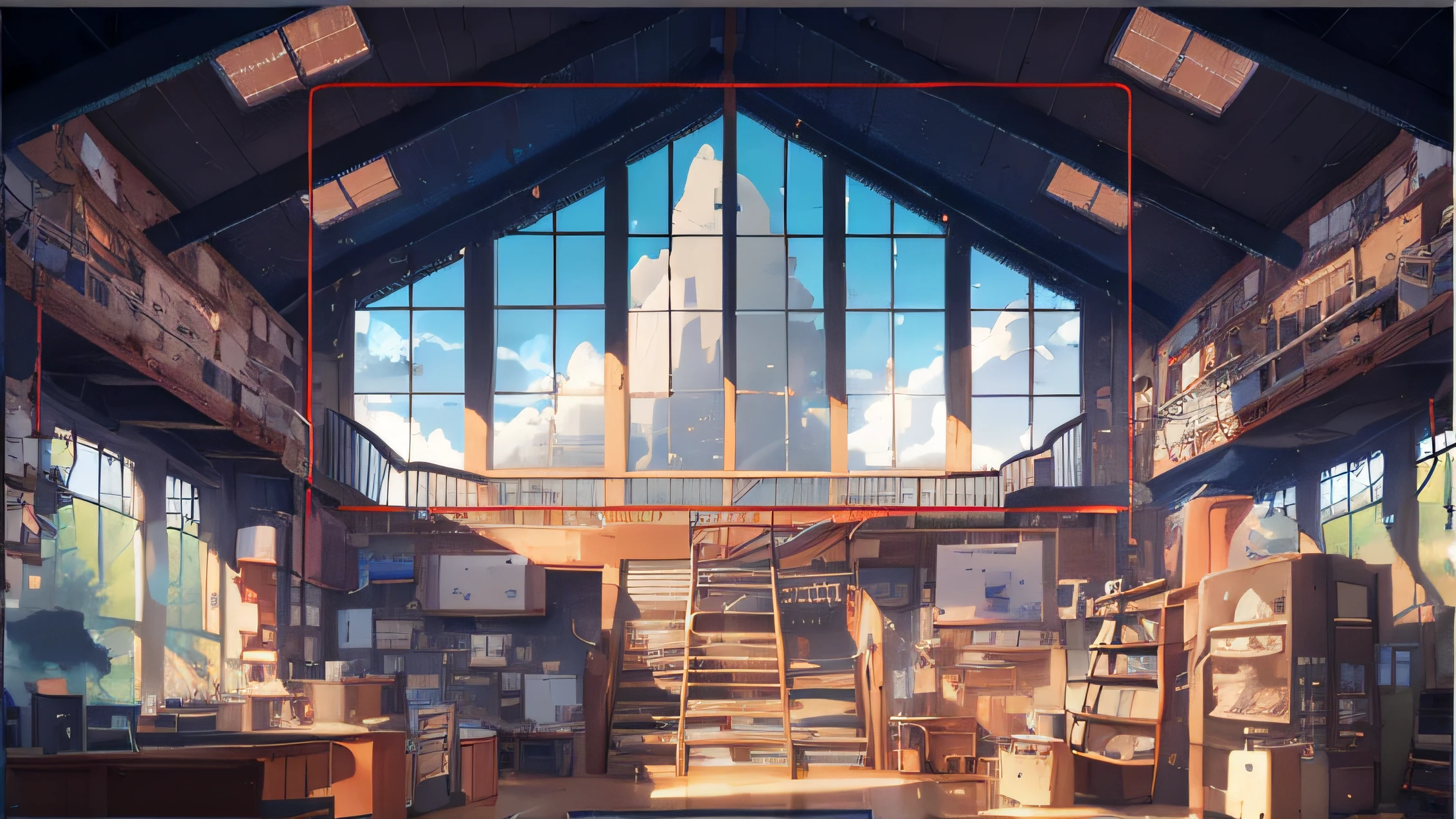 Photograph taken from the inside of a building with stairs and windows, studio glibly makoto shinkai, Makoto Shinkai's style, Anime landscape concept art, ross tran. scenery background, Anime background art, greg rutkowski makoto shinkai, ( ( Makoto Shinkai ) ), movie environment design, interior background art, Ghibli Studio Environment