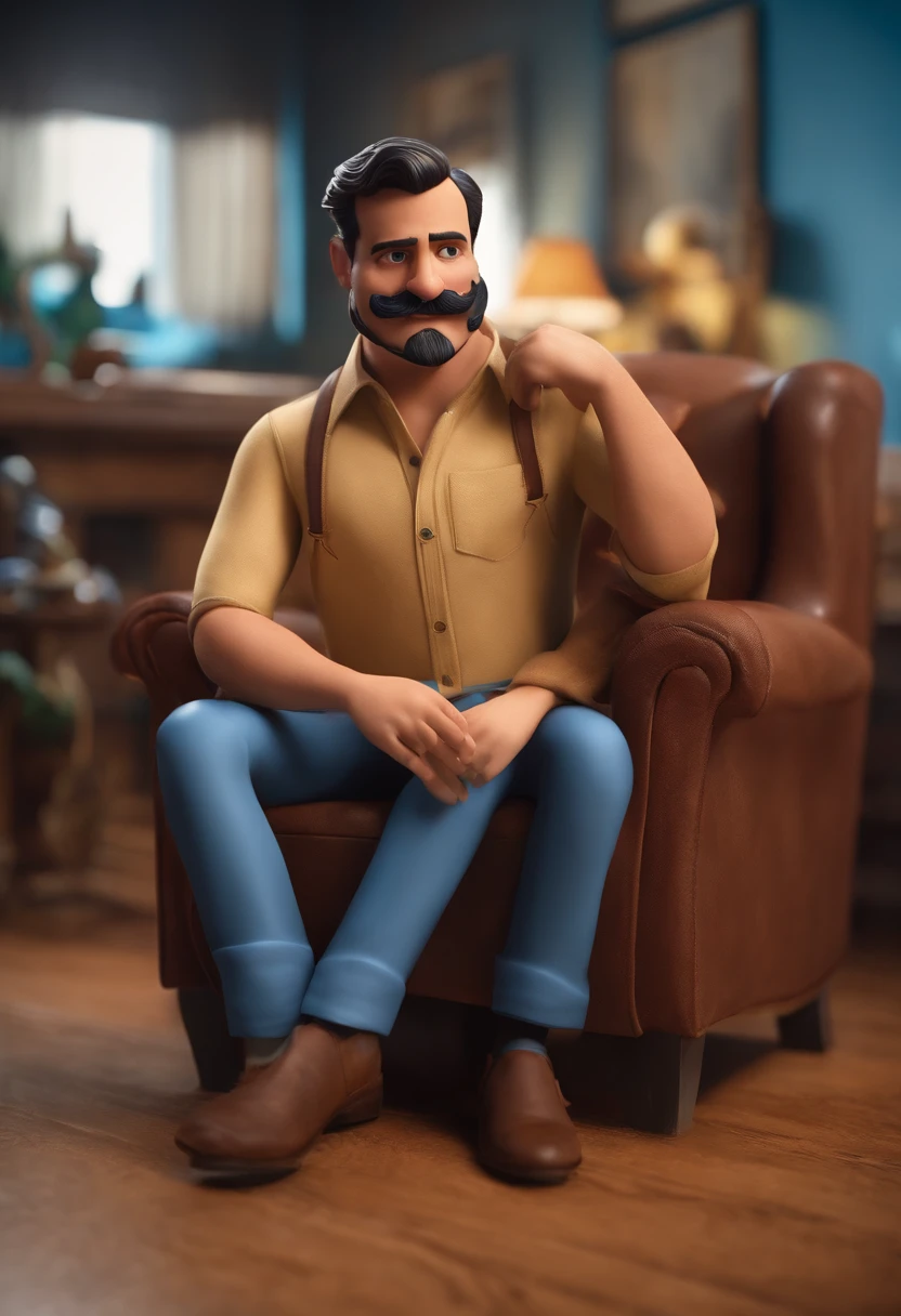 Homem moreno 40 anos com bigode pequeno vestindo blusa azul personagem Disney pixar 3D