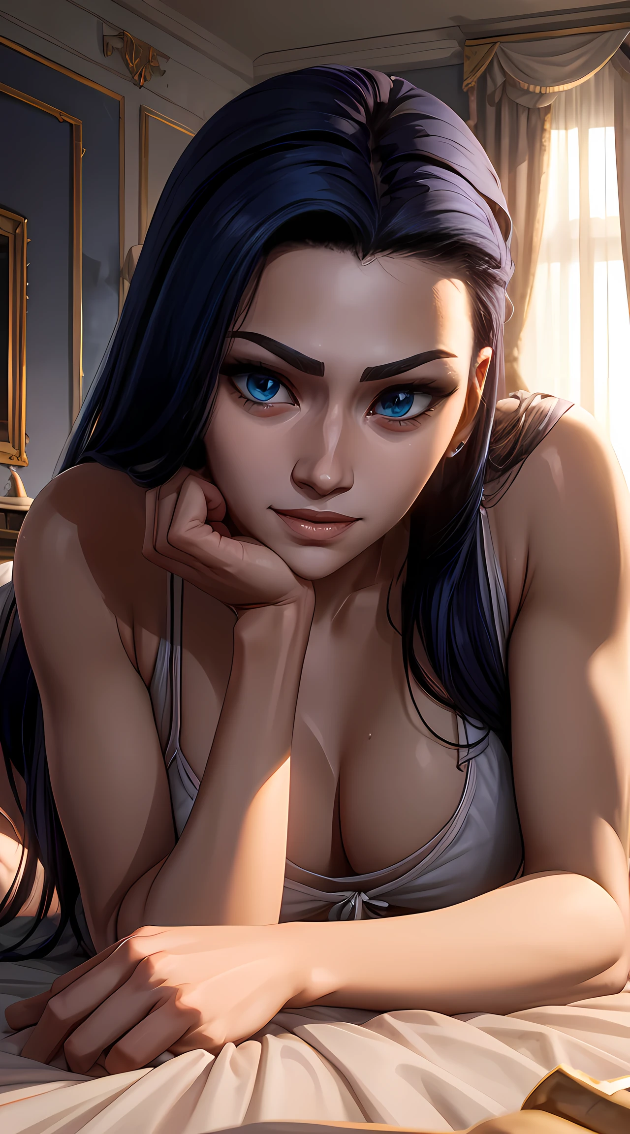 portrait shot of caitlynlol, 1girl, solo, blue eyes, blue hair, long hair, long pink winter pijamas set, fitness body , lying on a large luxurious bed, in a rich room , sitting in bed , sexy pose face , eyes sexy ,happy expression for spectator , 8k , HDR , HIGH QUALITY DETAILS , smile showing your teeth.