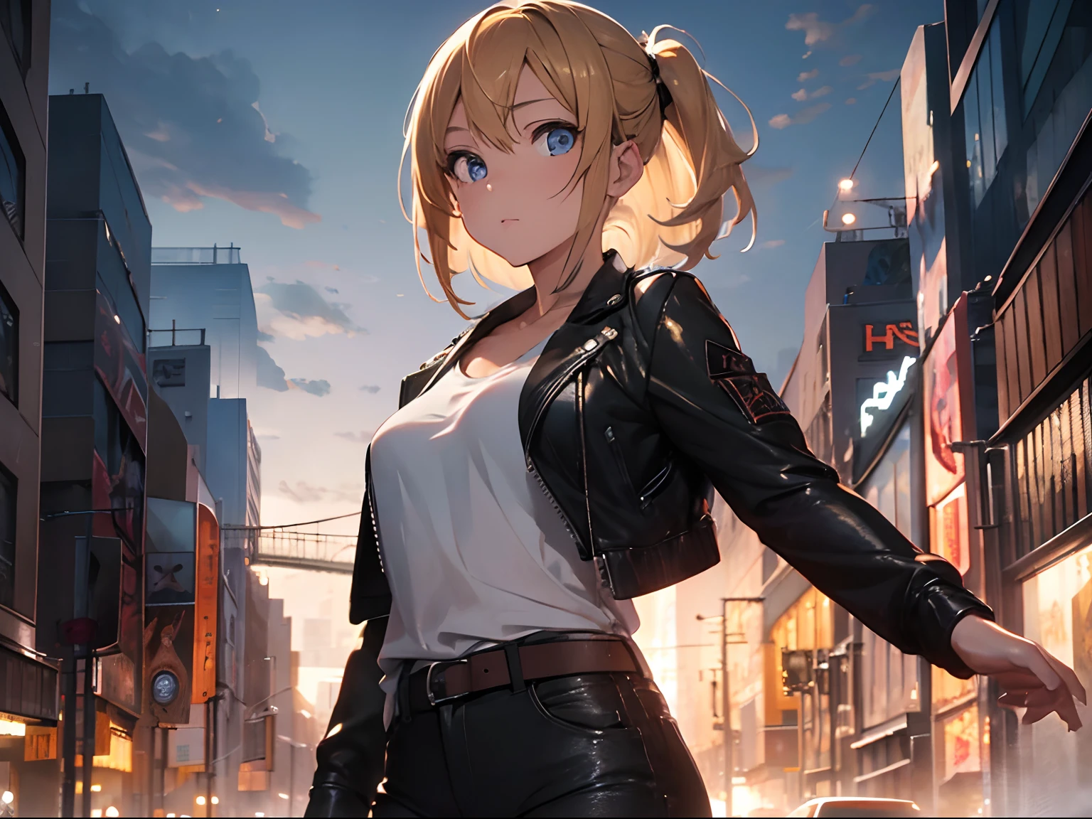 One girl,(Aya Brea), 23 years old girl, blondie hair, blue eyes, beatiful face, jeans, black boots, white T-shirt, black jacket, pistol, New York city, oil on canevas, brushstrokes, Smooth, Ultra high definition, 8K, unreal enginee 5, Ultra Sharp Focus,, ArtGerm, Roisch, nfsw, intricate artwork masterpieces, sinister, matte painting movie poster, Golden ratio, Trending on CGSociety, Convoluted, epicd, Trending on ArtStation, Highly detailed, Vibrant, production cinematic character render, Ultra high quality model