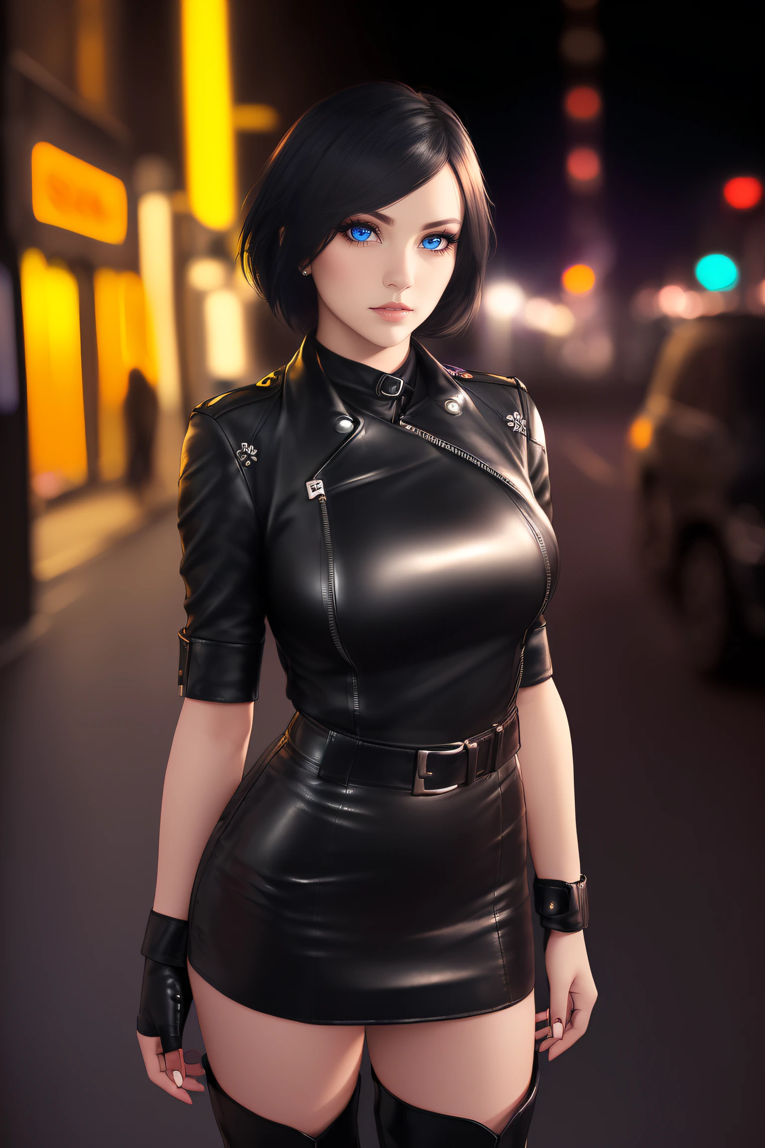 25-Year-Old Woman, Full Body, Adult, ((standing:1.4)), (confident gaze:1.1), short bright neon streaked black hair, ((realistic highly detailed eyes:1.4)), ((seductive pose:1.2)), black eyeshadow, (street style wear:1.2), ((short skirt)), ((knee high leather boots)), (dark city night black background:1.4), Serious Face,Realistic Face Resolution,Realistic,Object Resolution