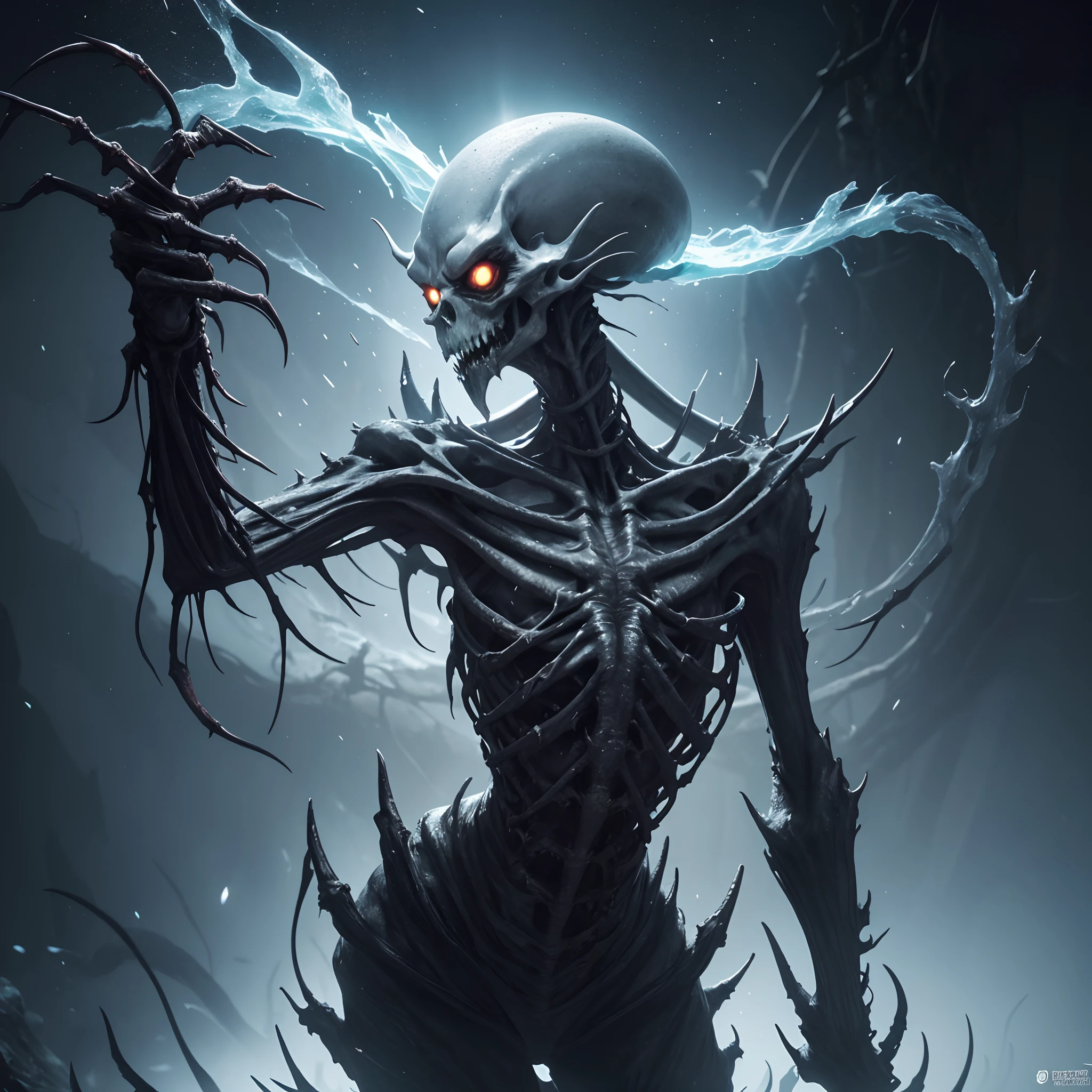 Imagine, if you will, a creature of such alien terror that it seems to have been plucked straight from the jaws of your darkest nightmares. A creature whose chilling presence is only matched by its grotesque form, a horrifying testament to the infinite possibilities of the universe and its unknown realms.

This abomination, this creature of nightmares, possesses a head of such grotesque proportion that it is almost comical, were it not so terrifying. Its head, large and oval-shaped, looms ominously atop its slender, elongated body. The head is reminiscent of an overripe melon, swollen and pulsating with an otherworldly life. It is hairless, glossy, with an iridescent sheen that catches the light in disconcerting ways. Embedded deep within this grotesque head, two soulless eyes glimmer, radiating an icy, piercing gaze that sends chills down the spine of all who dare meet its stare.

Yet, what strikes you the most is the creature's mouth - a gaping maw filled with razor-sharp teeth that glint ominously under the pale, unearthly light. The teeth are crafted for ripping and tearing, their lethal edges honed to perfection, a terrifying sight to behold, conjuring images of an insatiable hunger that knows no bounds.

The creature's body, long and slender, is a grotesque caricature of a skeletal frame. It is a horrifying exhibition of anatomy gone wrong, a mocking testament to the laws of nature and biology. The body, though slender, is unnervingly strong, each movement suggesting a predatory grace and agility that belies its skeletal appearance.

Four arms, each grotesquely elongated, sprout from its bony torso. The arms, if one could call them that, each end in a three-fingered hand, each finger tipped with a cruelly curved claw. These arms are not meant for creation but destruction, their purpose evident in their lethal design.

The creature's lower torso gives way to six spindly legs, each ending in a foot equipped with claws that are eerily similar to its hand.
